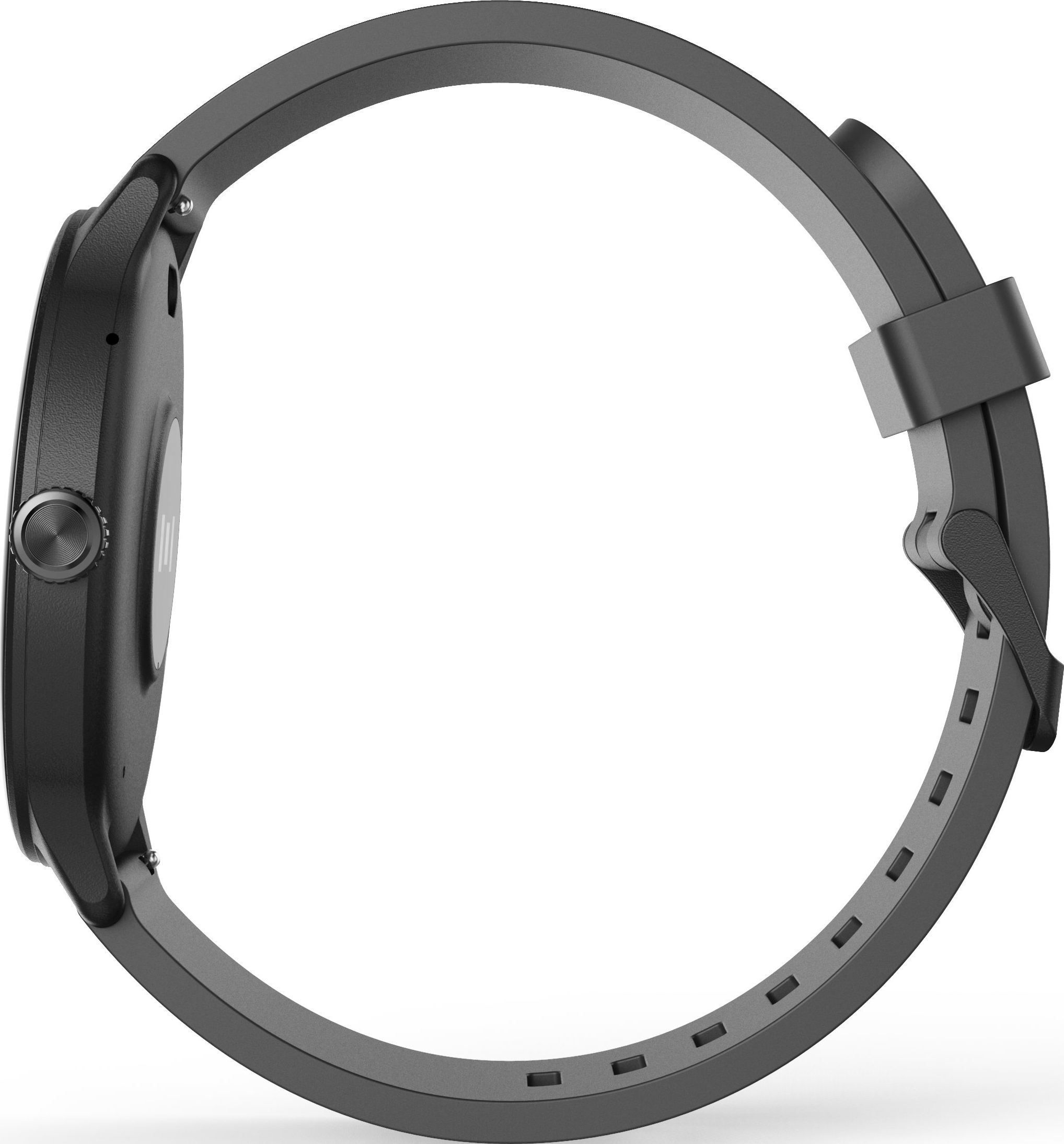 Vue latérale d'une montre connectée noire avec un bracelet texturé sur fond blanc.