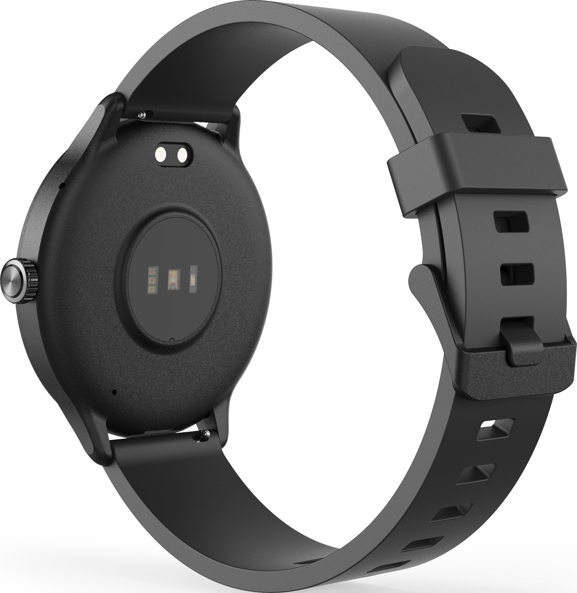 Arrière d'une montre connectée noire avec capteur de fréquence cardiaque et bracelet sur fond blanc.