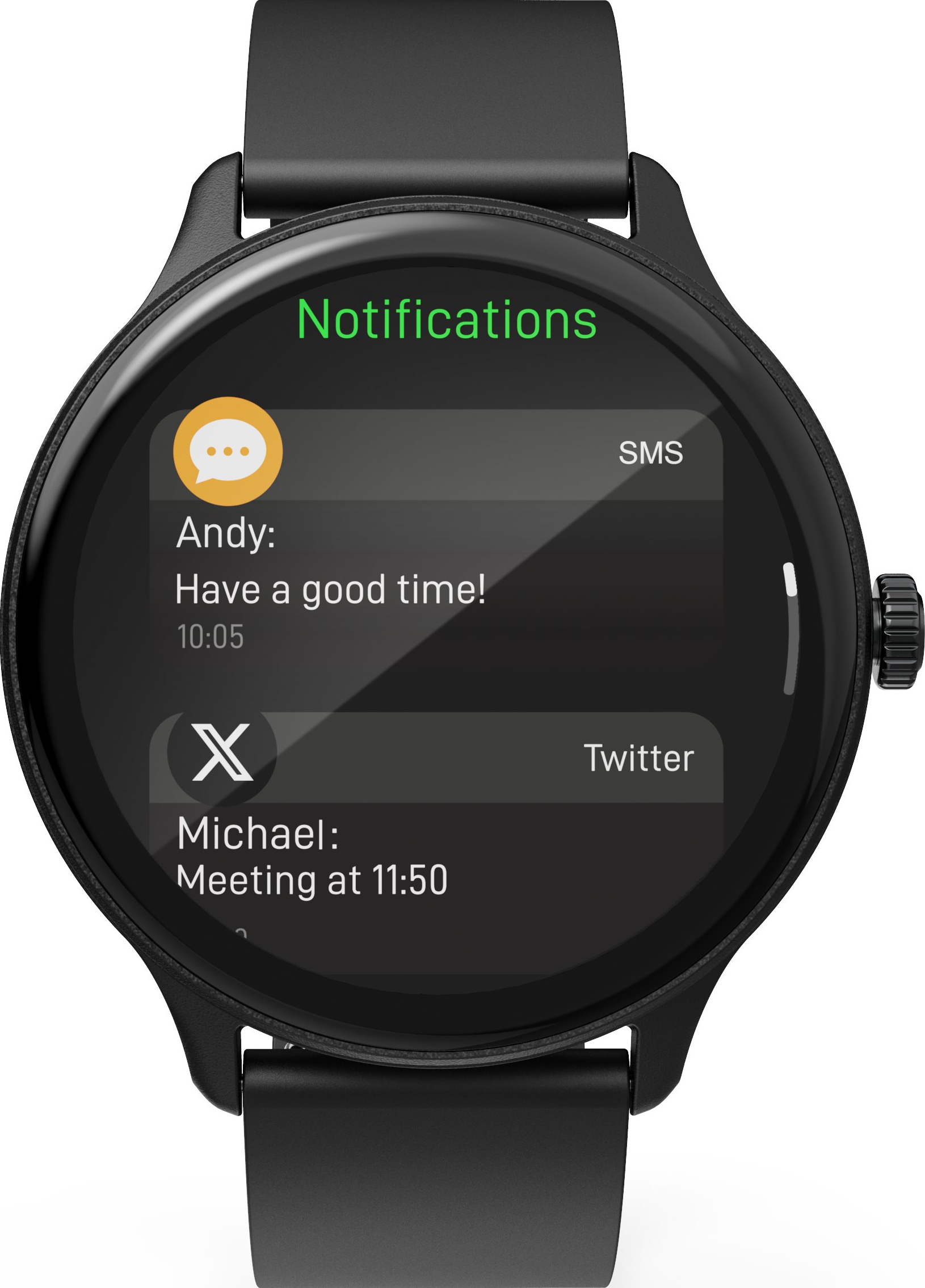 Une montre connectée noire affiche des notifications SMS et Twitter sur son écran rond.