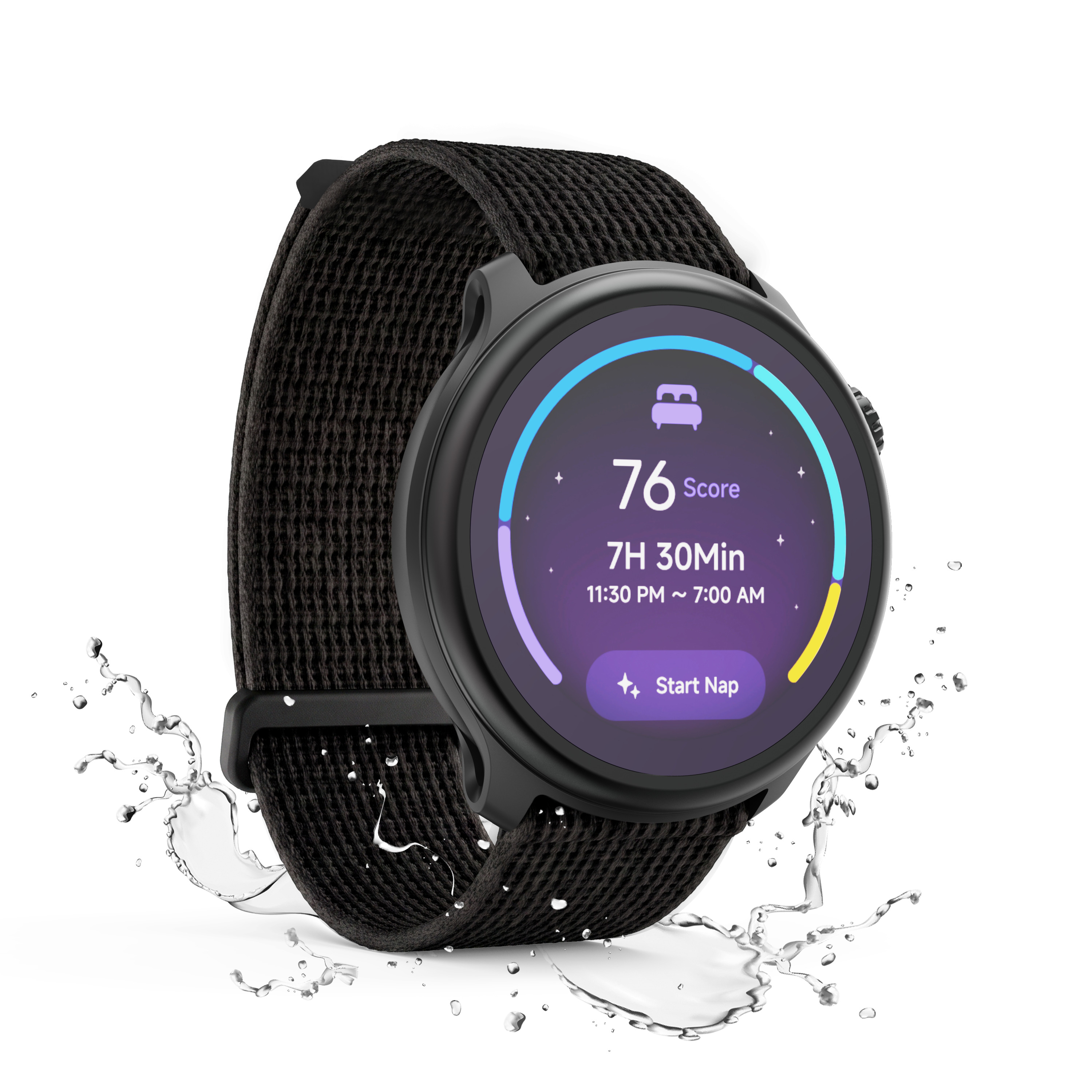 Schwarze Smartwatch mit Textilarmband und Schlaftracking-Anzeige über Wasserspritzern.
