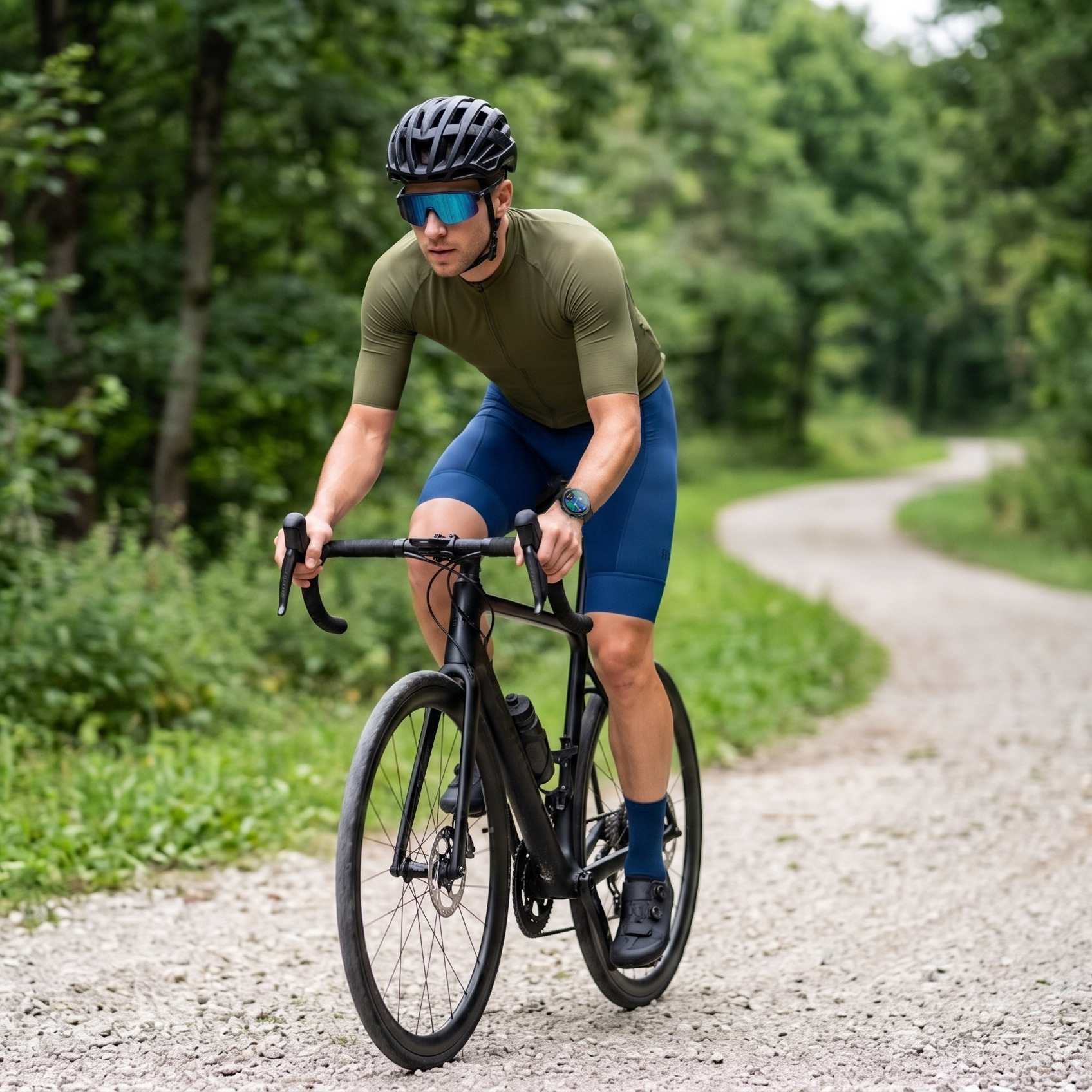 Ein Radfahrer mit Helm und blauem Visier fährt auf einem Schotterweg im Wald.