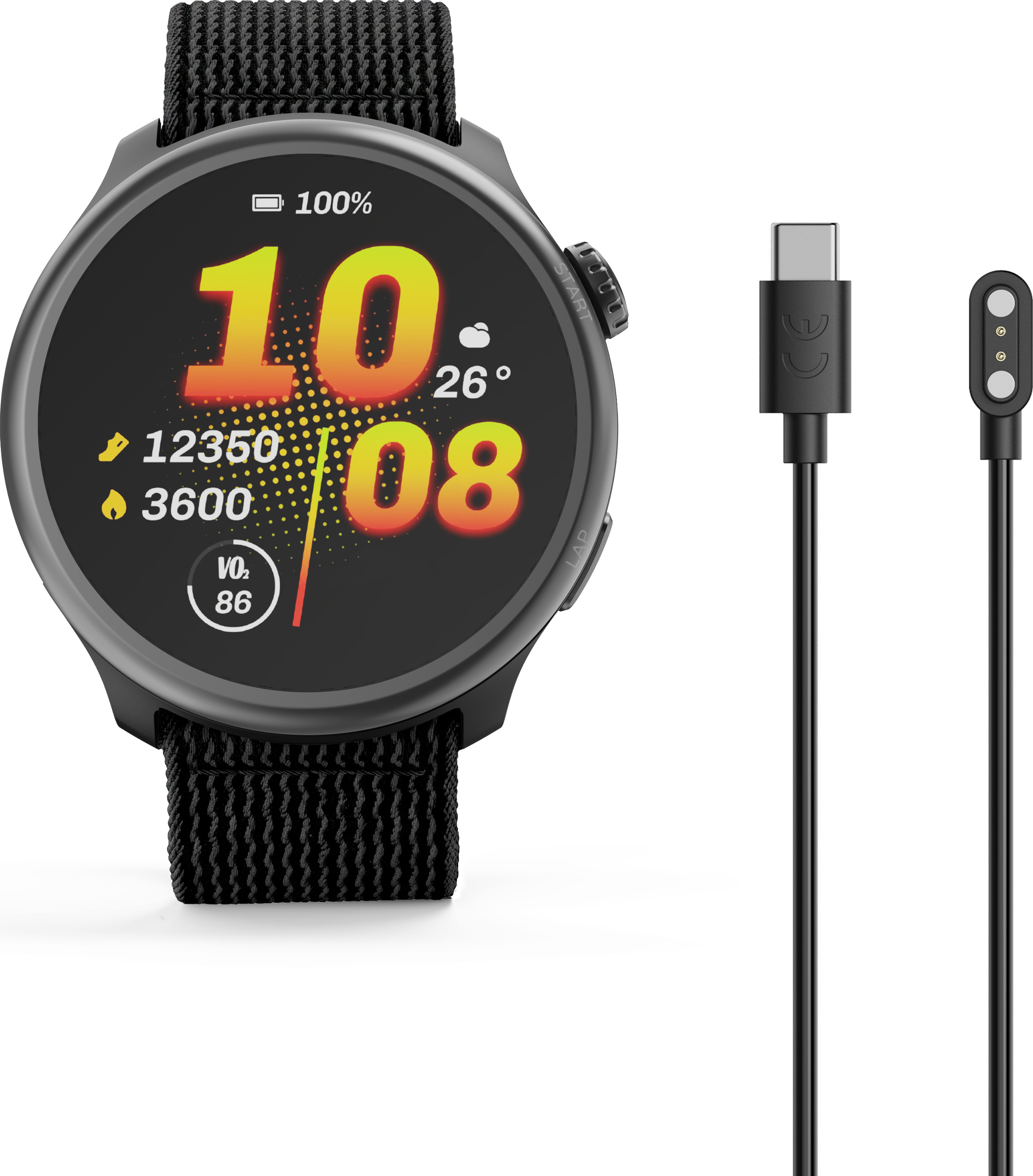 Schwarze Smartwatch mit Textilarmband und Ladekabel auf weißem Hintergrund.