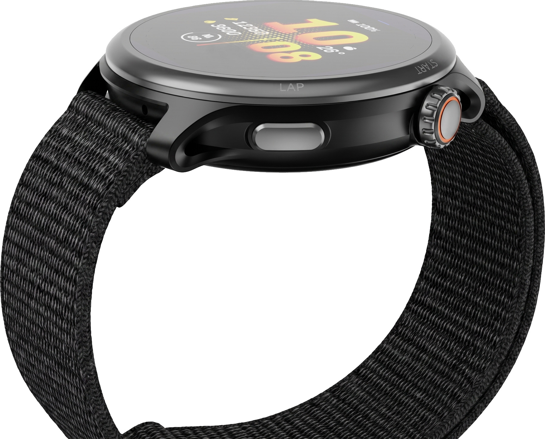 Eine schwarze Smartwatch mit Stoffarmband, digitalem Display, Seitentaste und Drehkrone auf weißem Hintergrund.