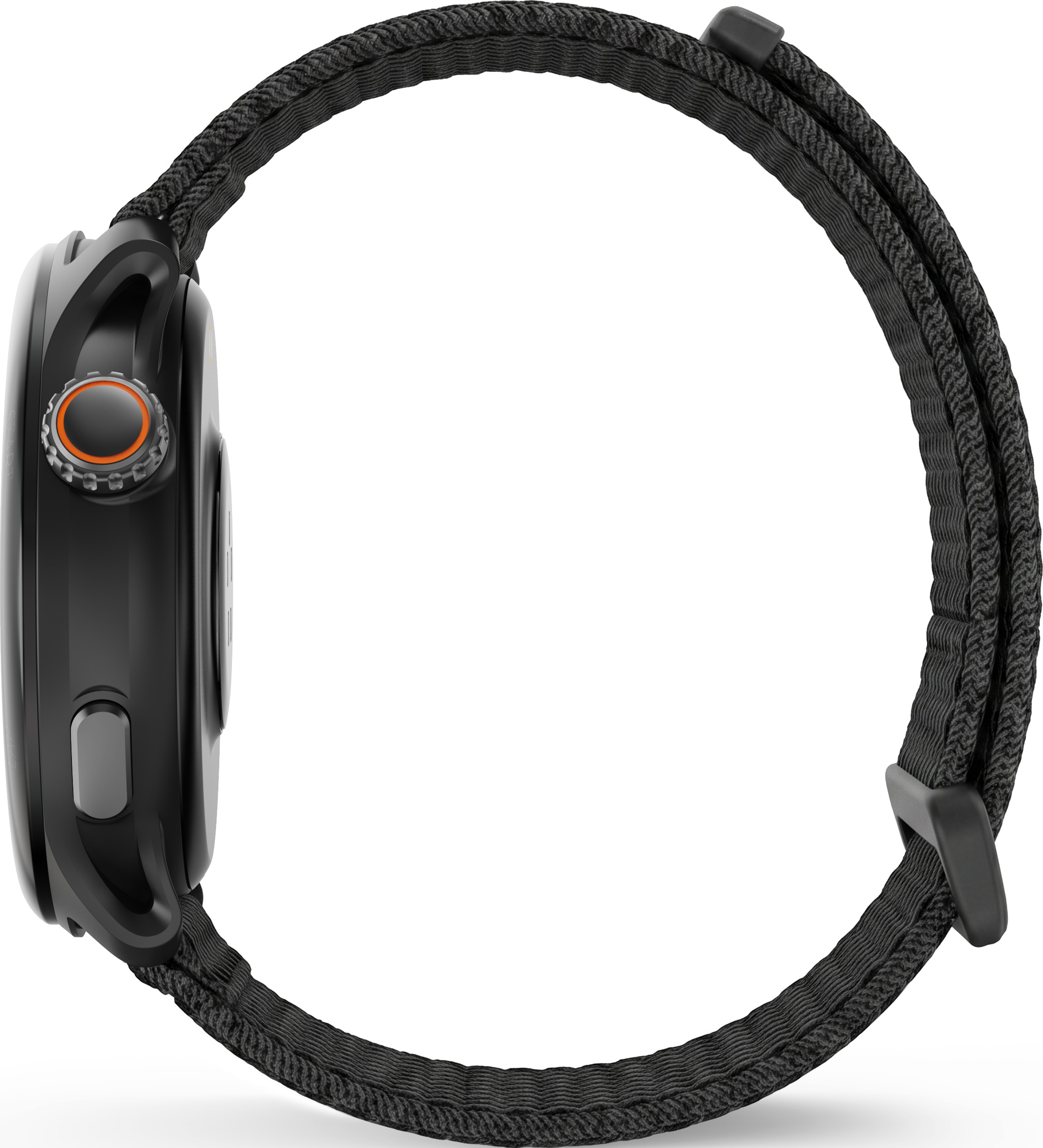 Schwarze Smartwatch in Seitenansicht mit orange akzentuierter Krone und Stoffarmband auf weißem Hintergrund.