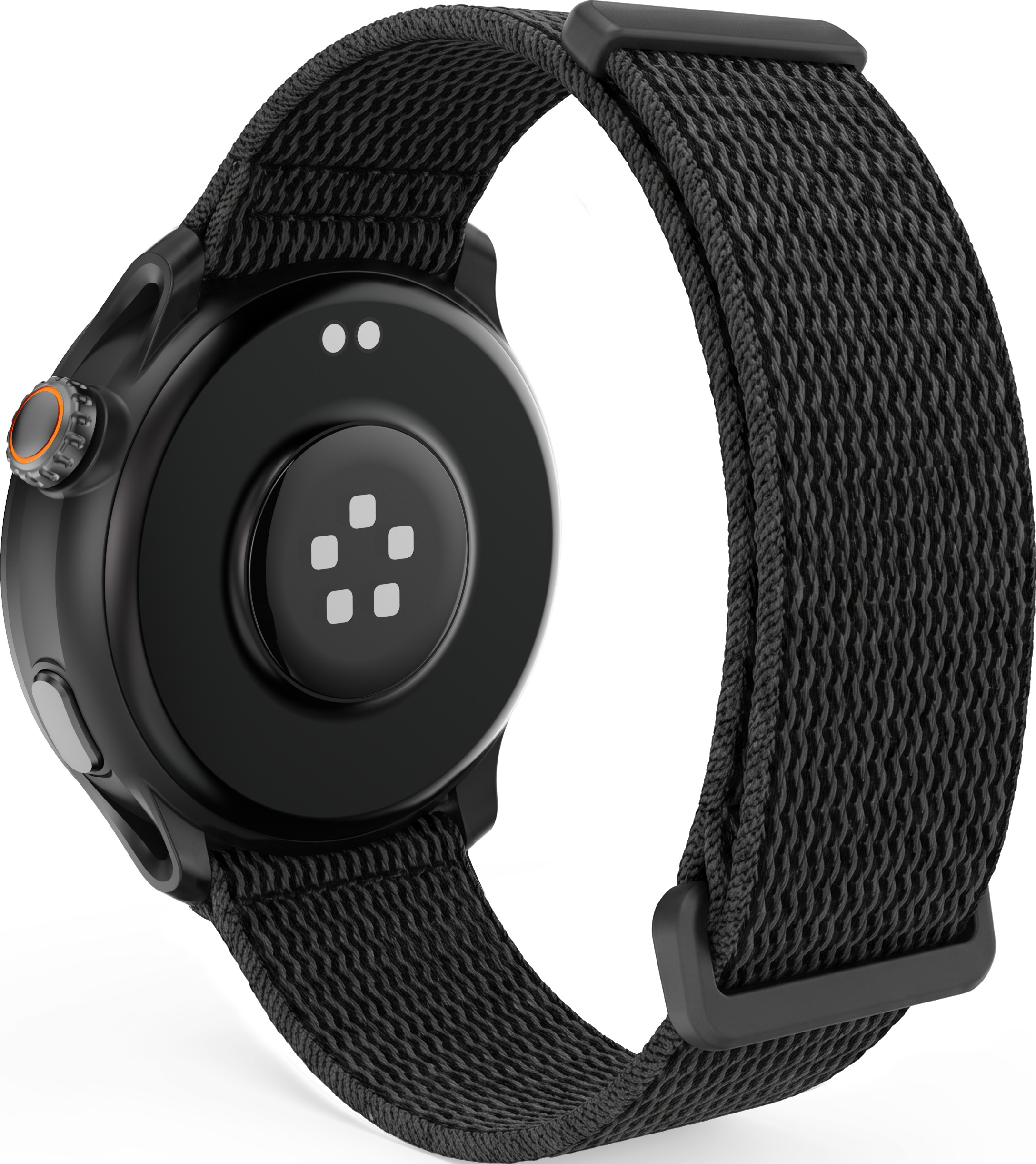 Rückseite einer schwarzen Smartwatch mit Sensorsymbolen und einem strukturierten schwarzen Stoffarmband.