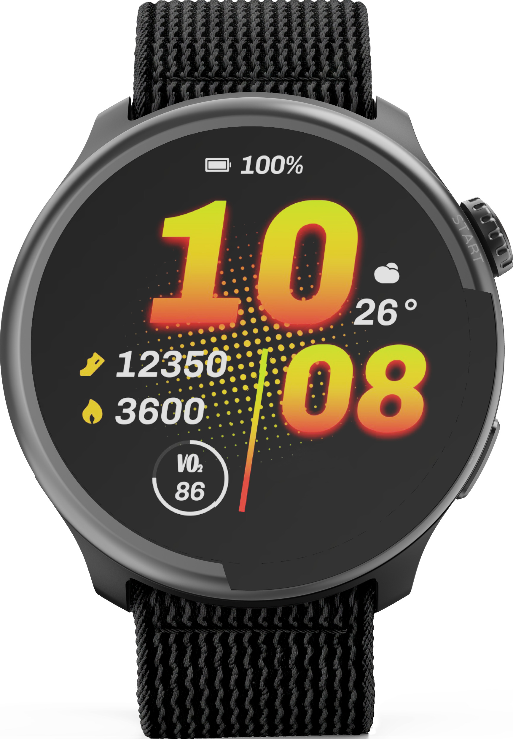 Eine schwarze Smartwatch mit Digitaldisplay zeigt Uhrzeit, Akkustand, Schritte, Kalorien und Wetter.