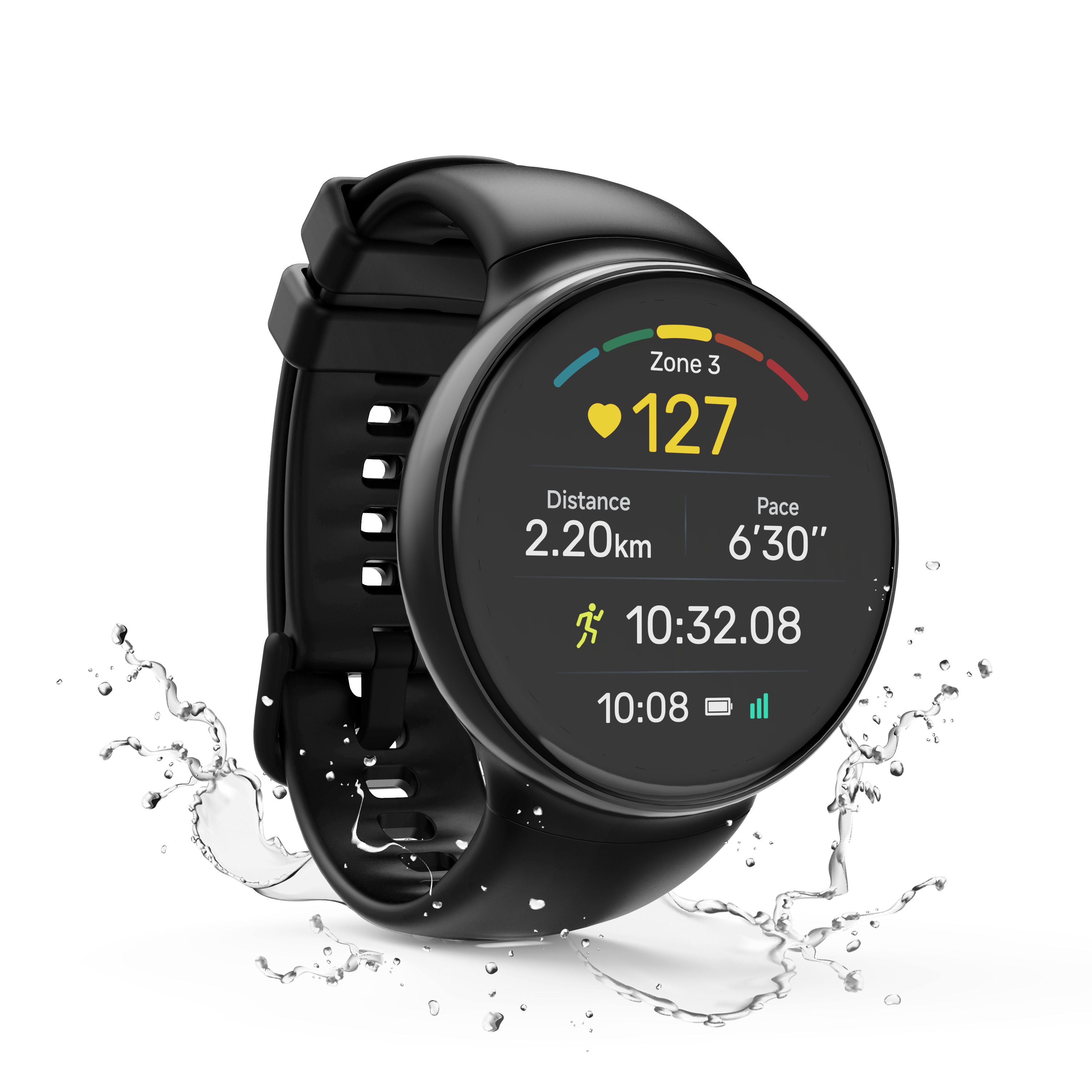 Uno smartwatch nero con display rotondo mostra battito cardiaco e dati fitness, circondato da schizzi d'acqua.