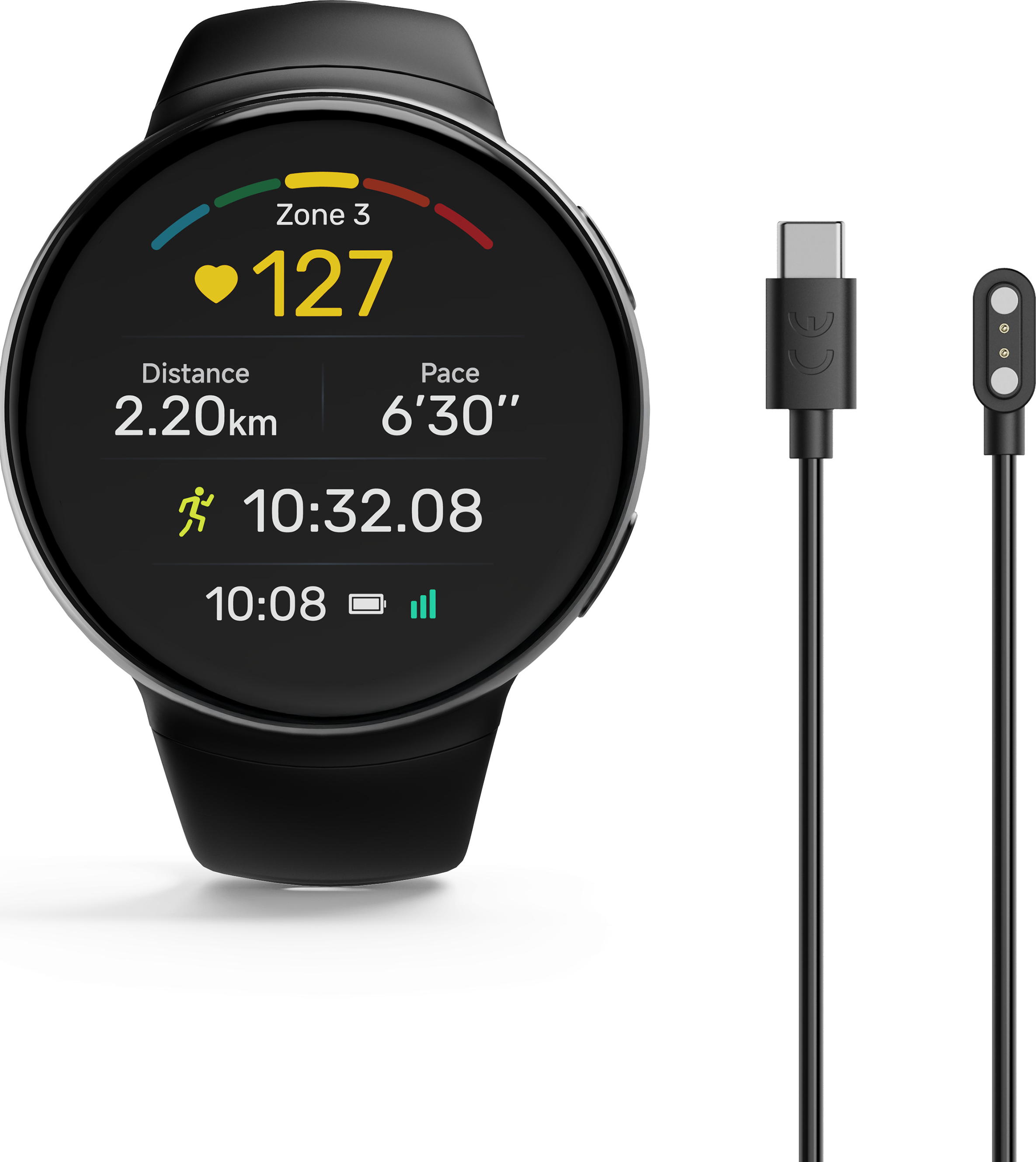 Smartwatch nero che mostra dati di fitness e un cavo di ricarica accanto.