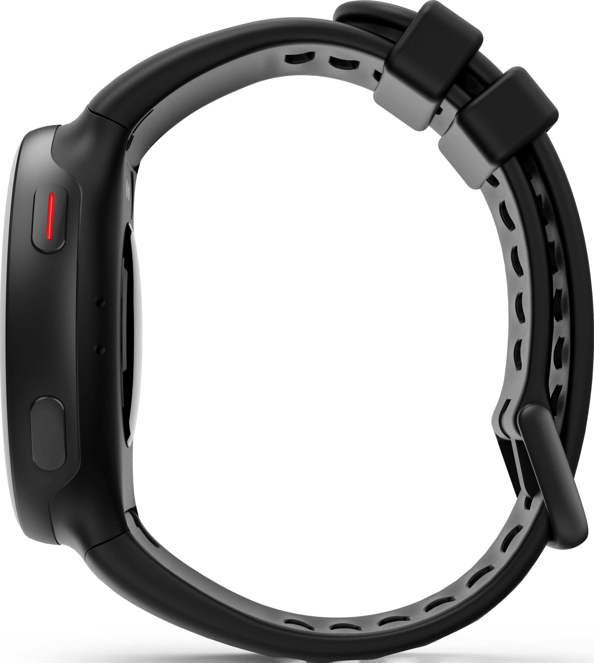 Vista laterale di uno smartwatch nero con cinturino ventilato e due pulsanti laterali su sfondo bianco.