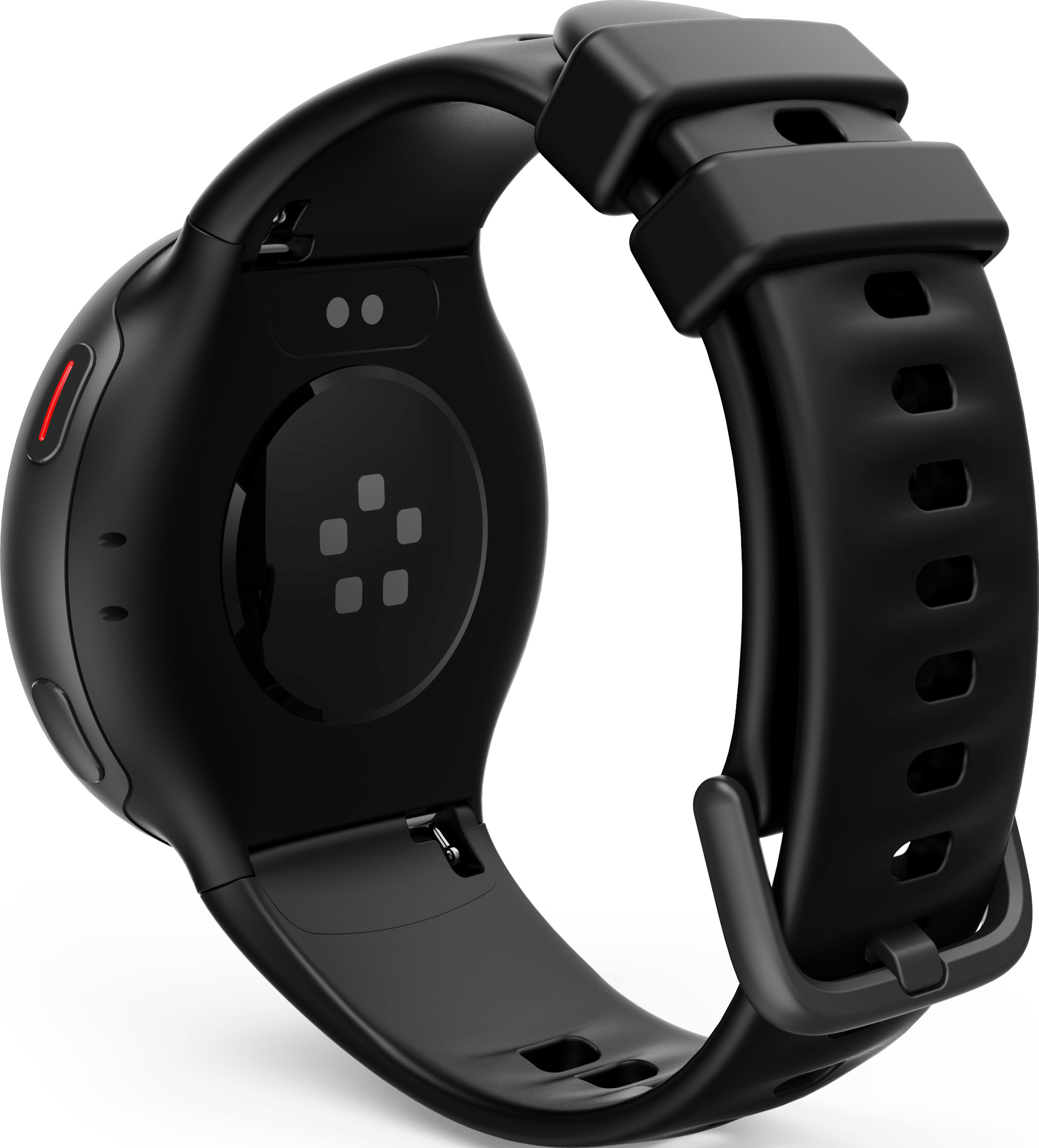 Retro di uno smartwatch nero con simboli dei sensori e cinturino in silicone perforato su sfondo bianco.