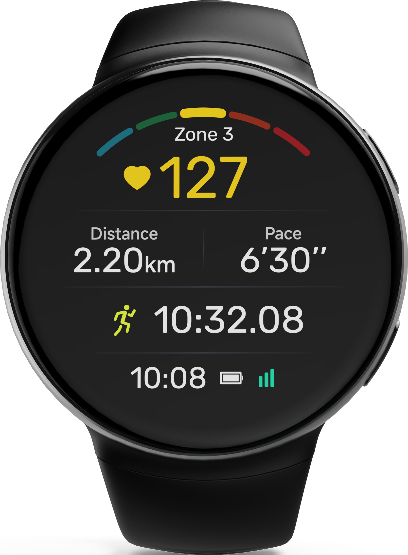 Smartwatch nero che mostra frequenza cardiaca 127, zona 3, distanza 2,20 km e ritmo.