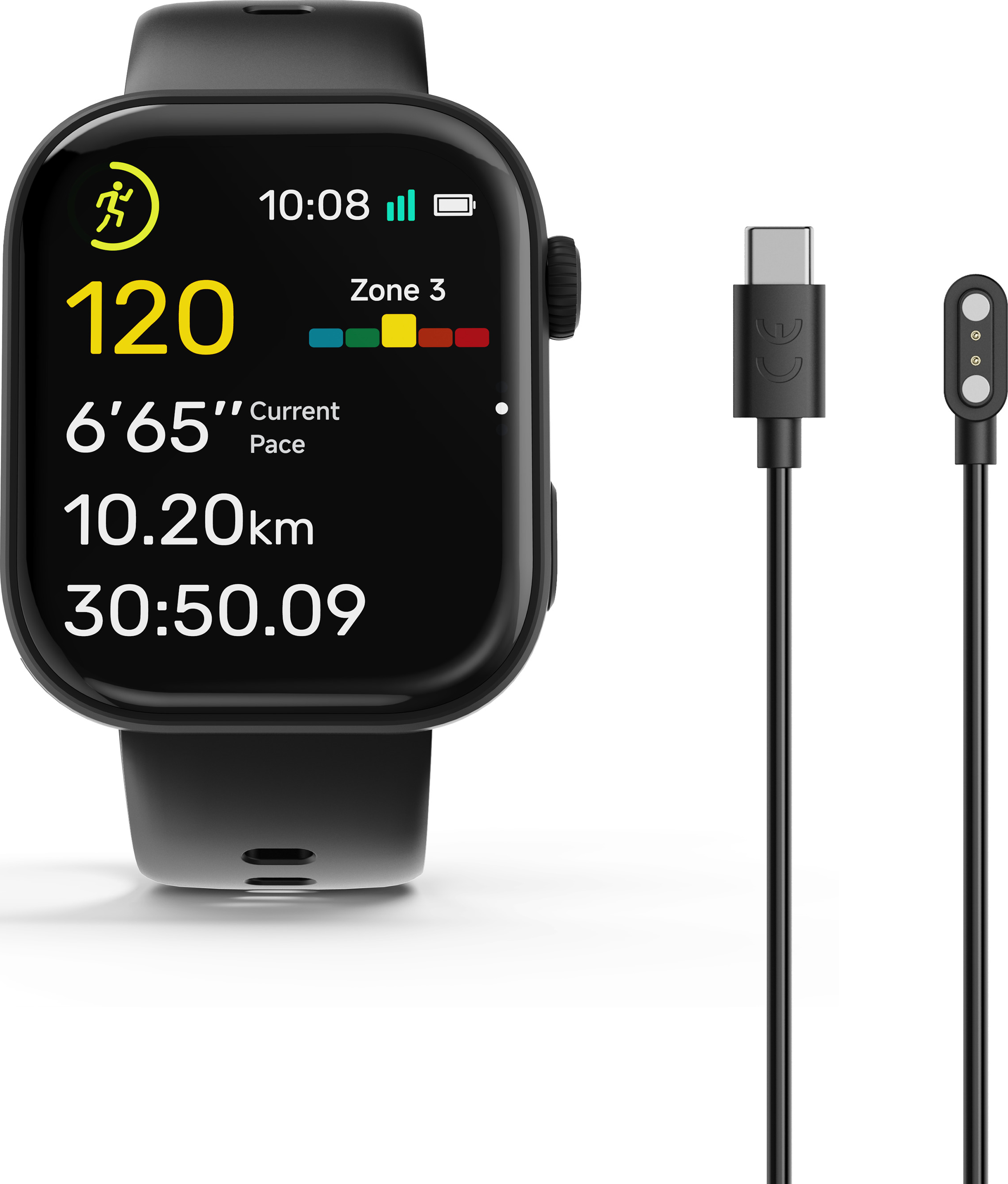 Une montre connectée noire affichant des données de fitness à côté d'un câble.
