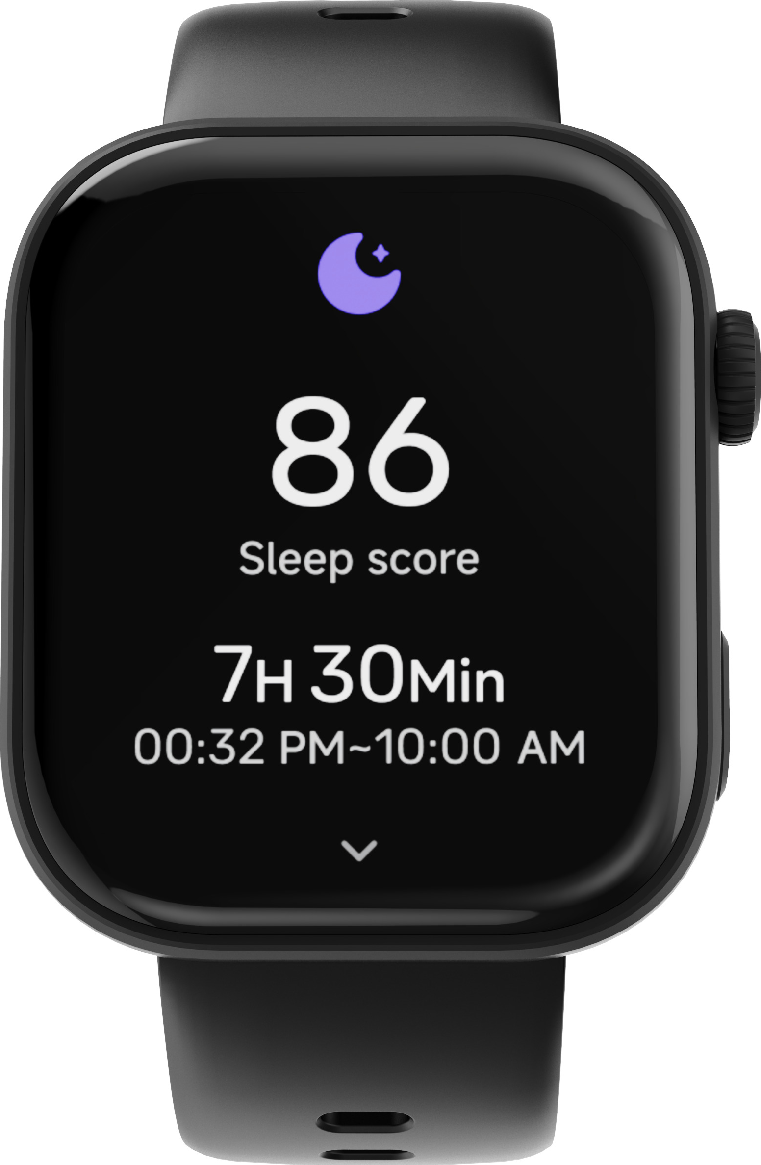 Une montre connectée noire affiche un score de sommeil de 86, 7h 30min de sommeil et les horaires.