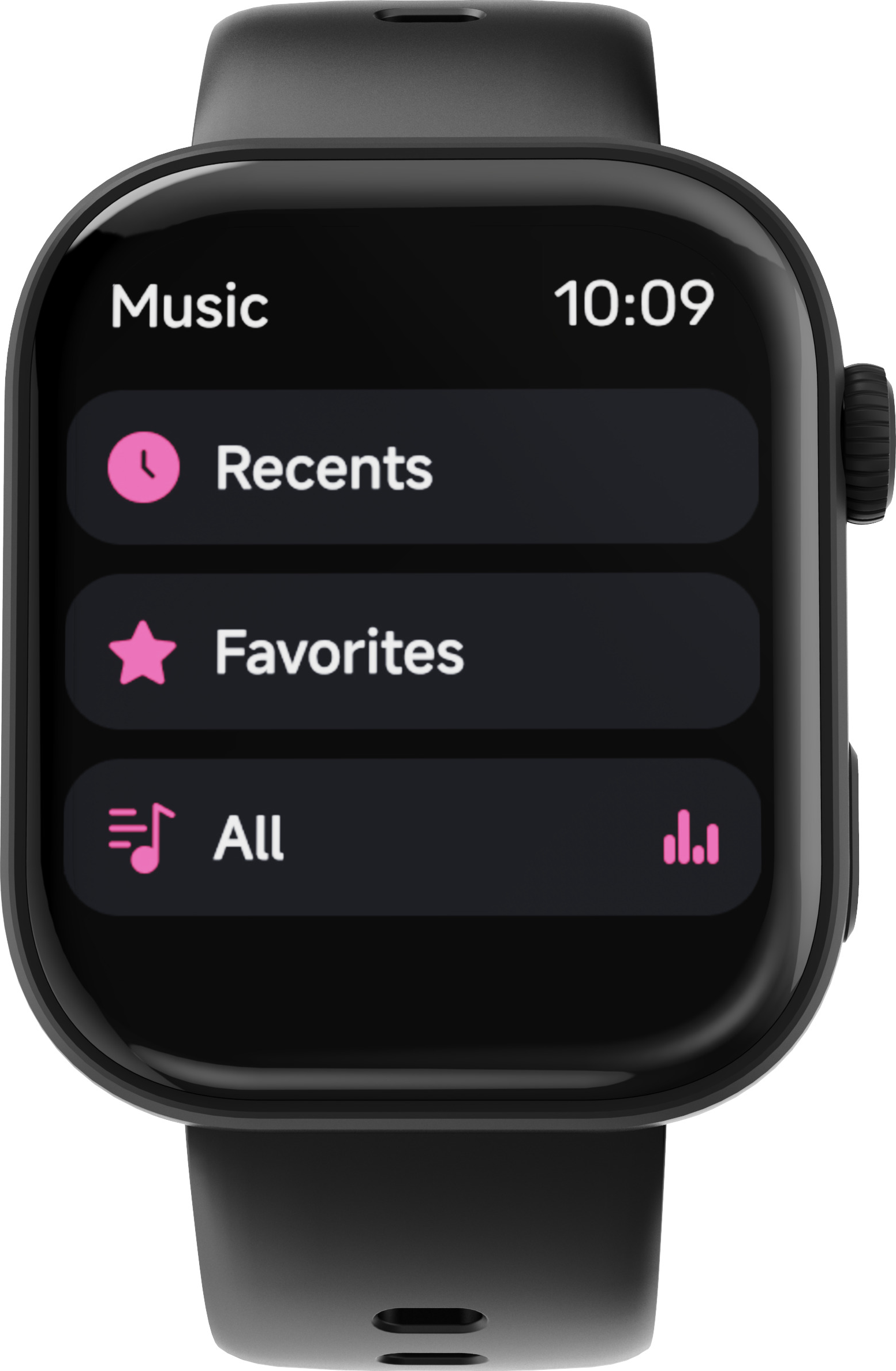Une montre connectée noire affichant un menu de musique avec les options Récents, Favoris et Tout.