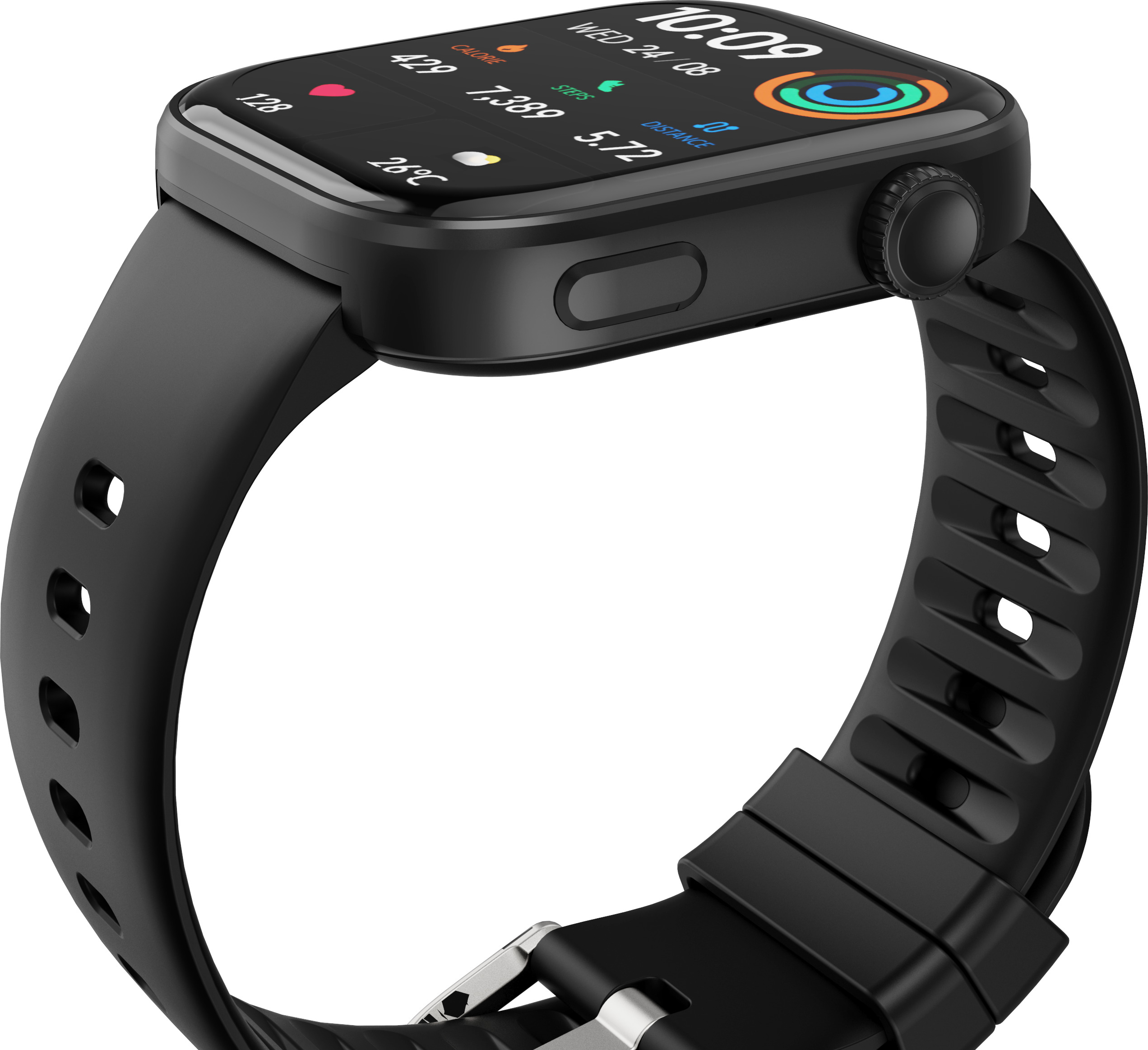 Montre connectée noire avec bracelet texturé et écran numérique.