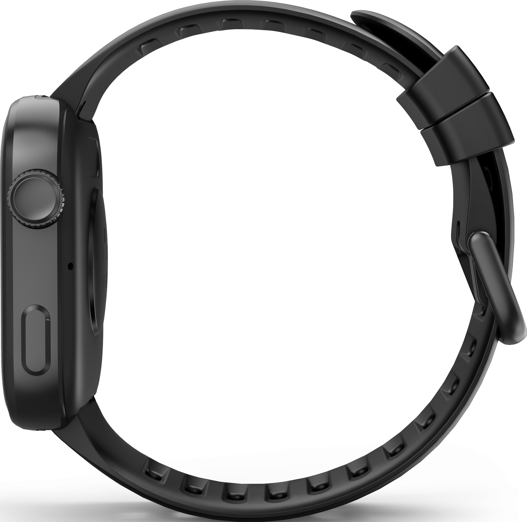 Une montre connectée noire avec un bracelet en silicone texturé, vue de profil montrant une couronne et un bouton.