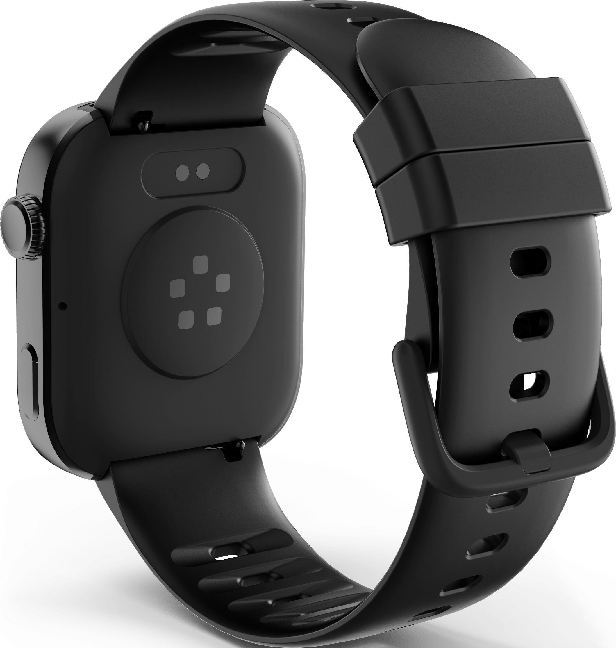 Arrière d'une montre connectée noire avec des capteurs sur le boîtier et un bracelet en silicone, sur fond blanc.