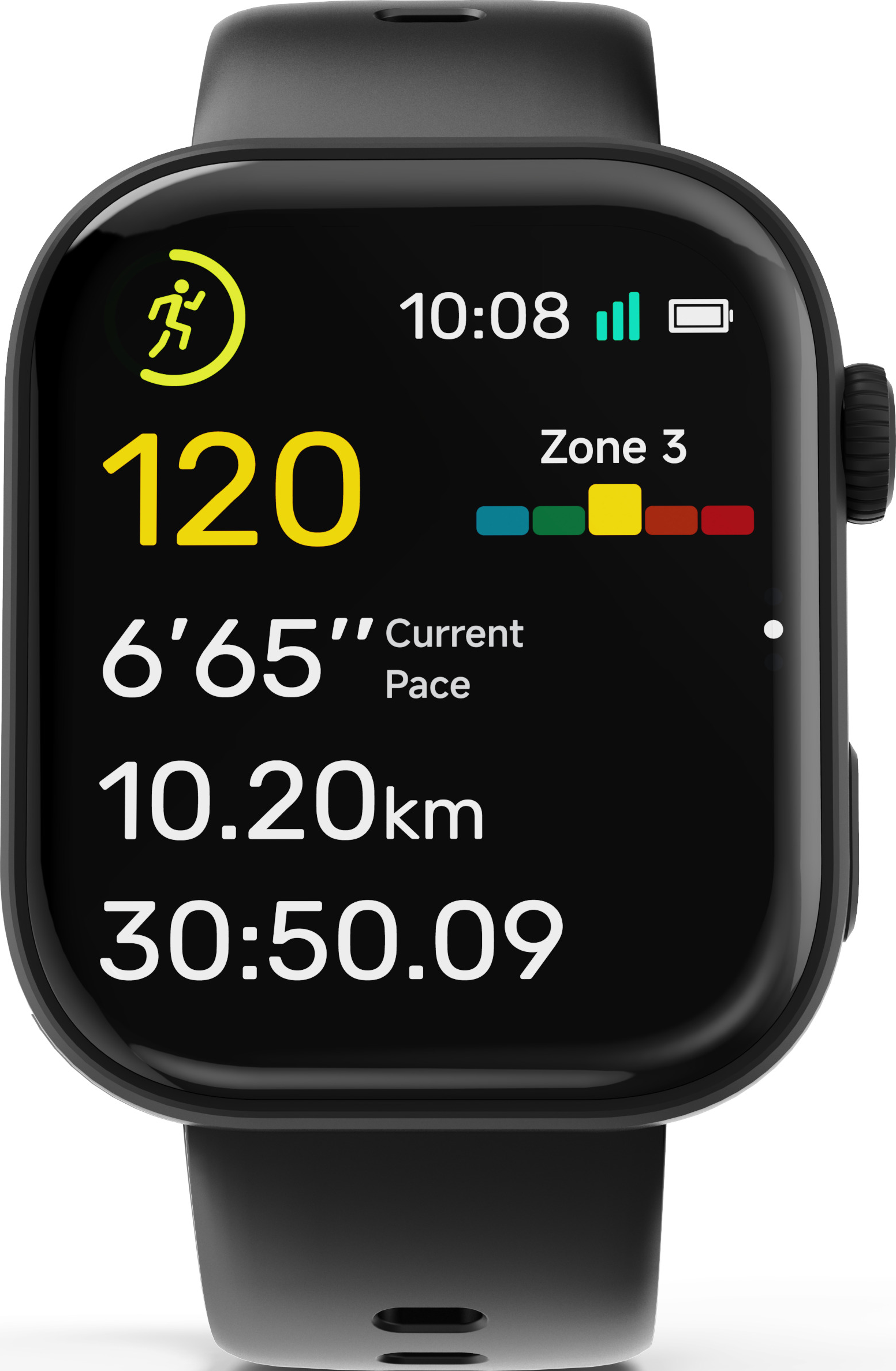 Montre connectée noire affichant des données de fitness comme la fréquence cardiaque 120, la zone 3, le rythme, la distance et le temps.