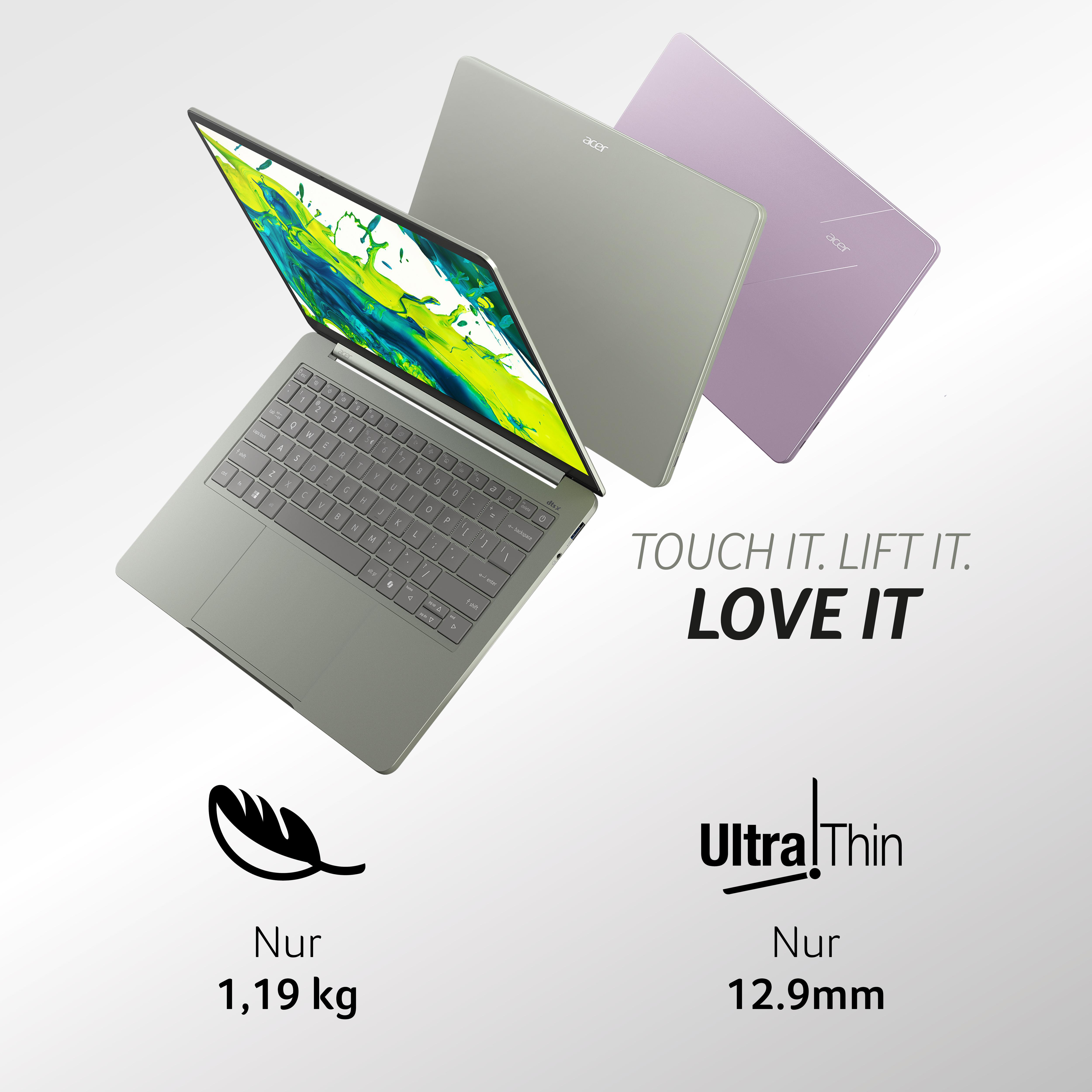 Drei schlanke Acer-Laptops in Silber und Lila auf hellem Hintergrund mit Werbetext und Gewichtsangabe.