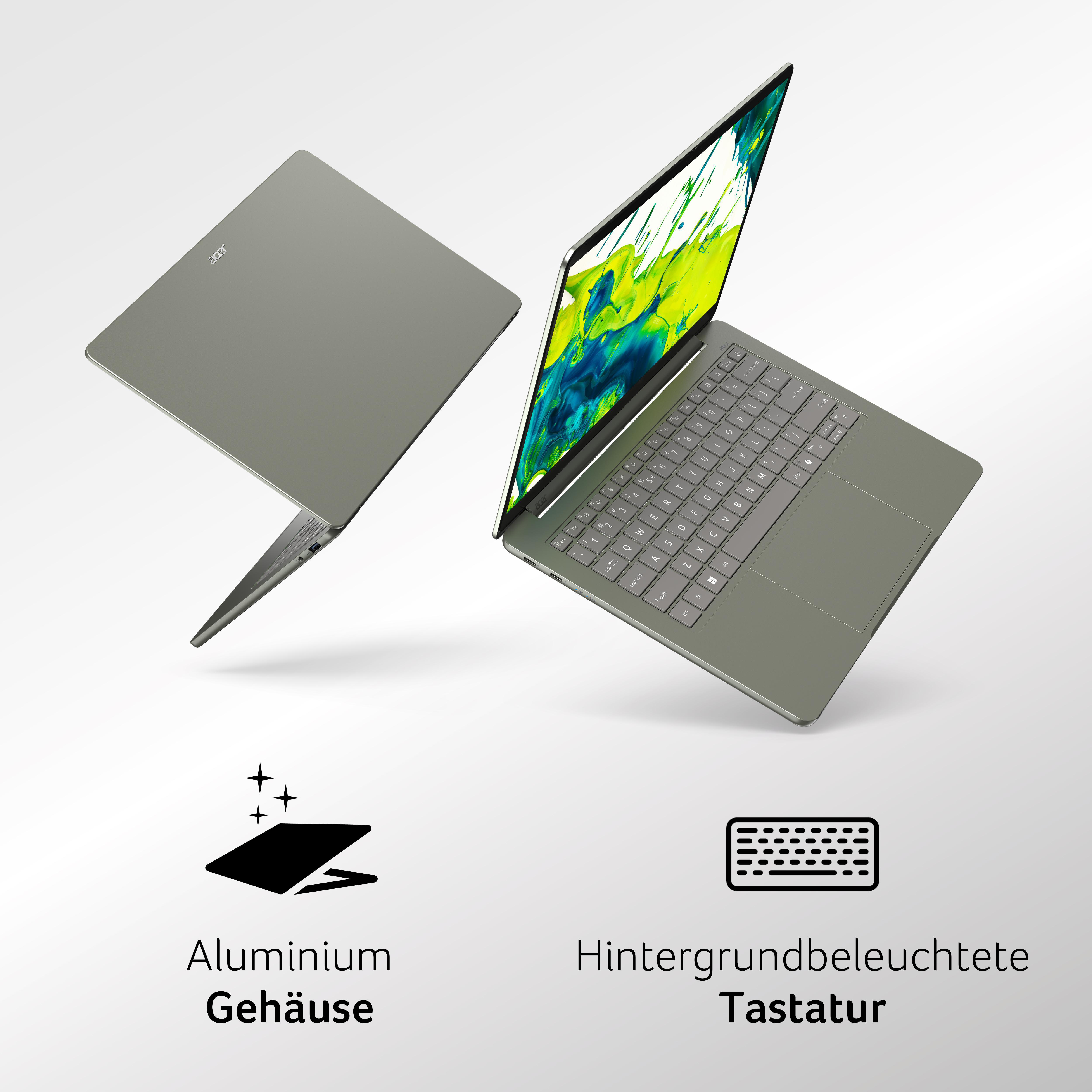 Acer-Laptop in Aluminium-Gehäuse mit beleuchteter Tastatur, schwebend dargestellt.