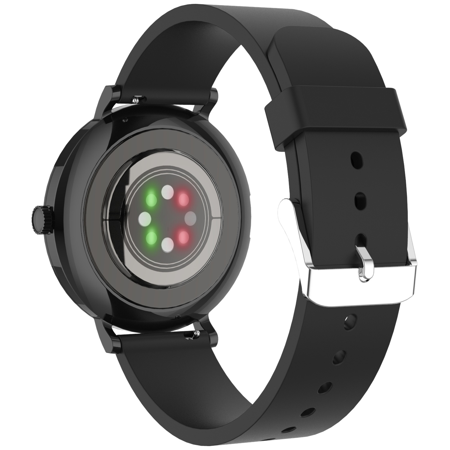Arrière d'une montre connectée noire avec capteurs et bracelet en caoutchouc sur fond blanc.