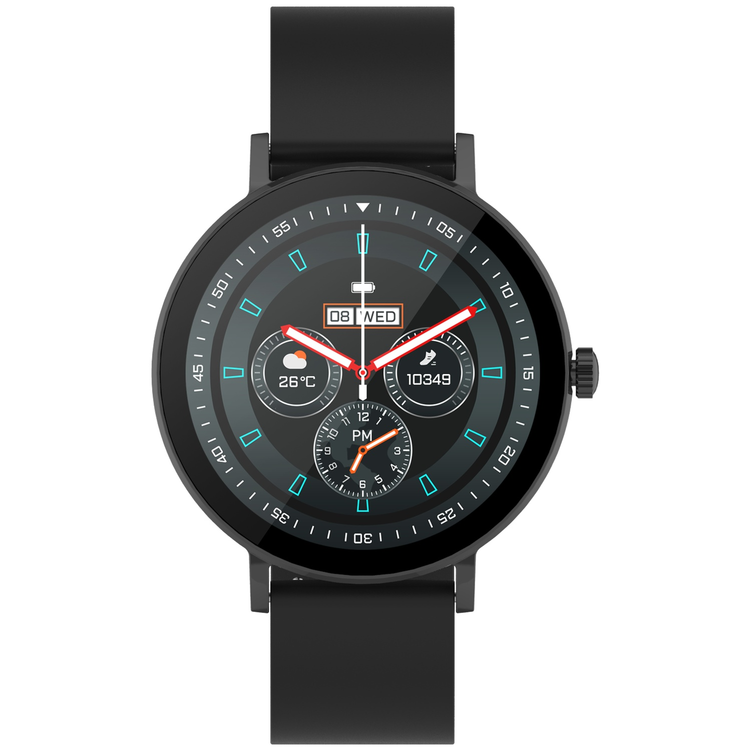 Une montre connectée noire à cadran rond affichant météo, pas et heure, sur bracelet noir.