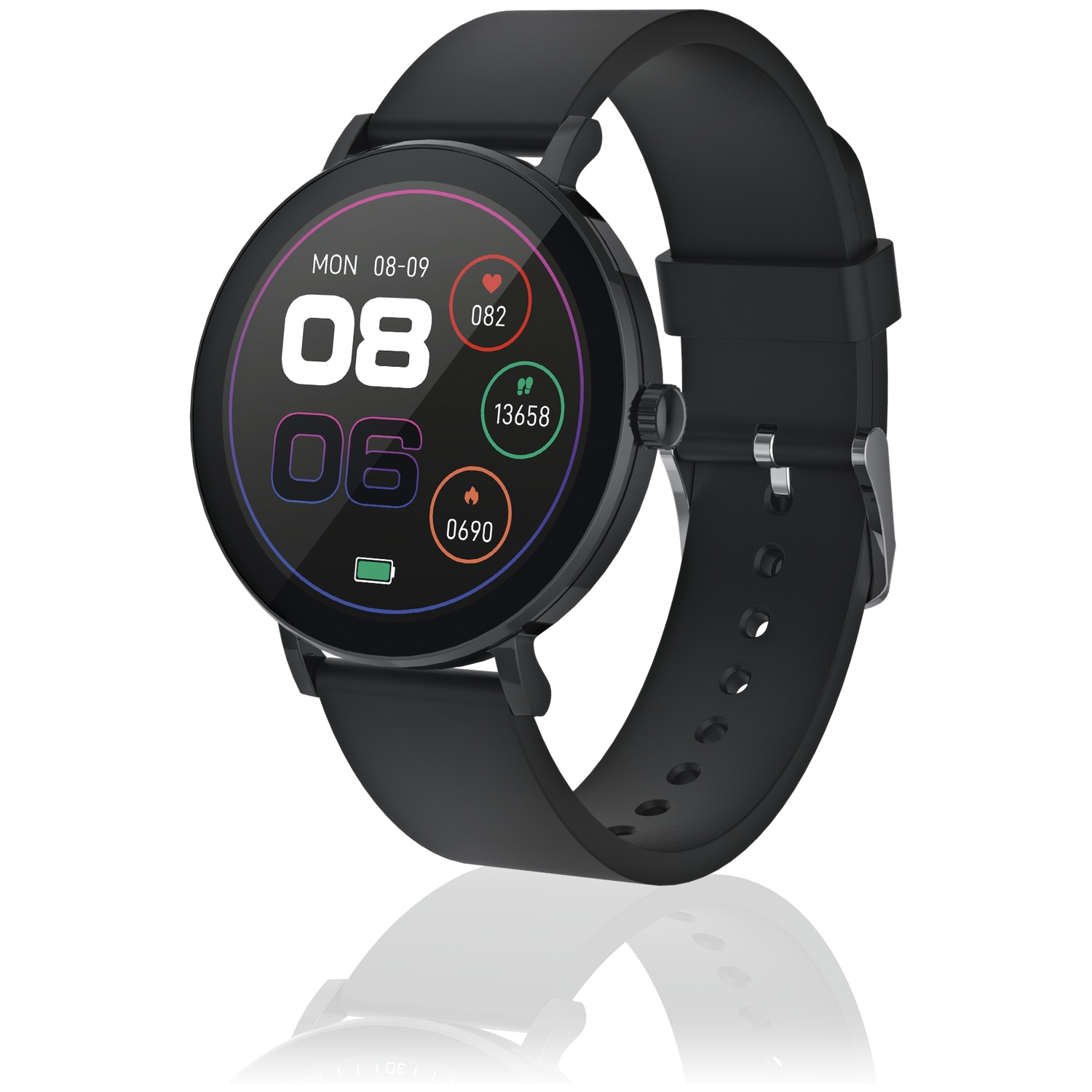 Montre connectée noire avec cadran rond, heure numérique, données de santé et bracelet en silicone noir sur fond blanc.
