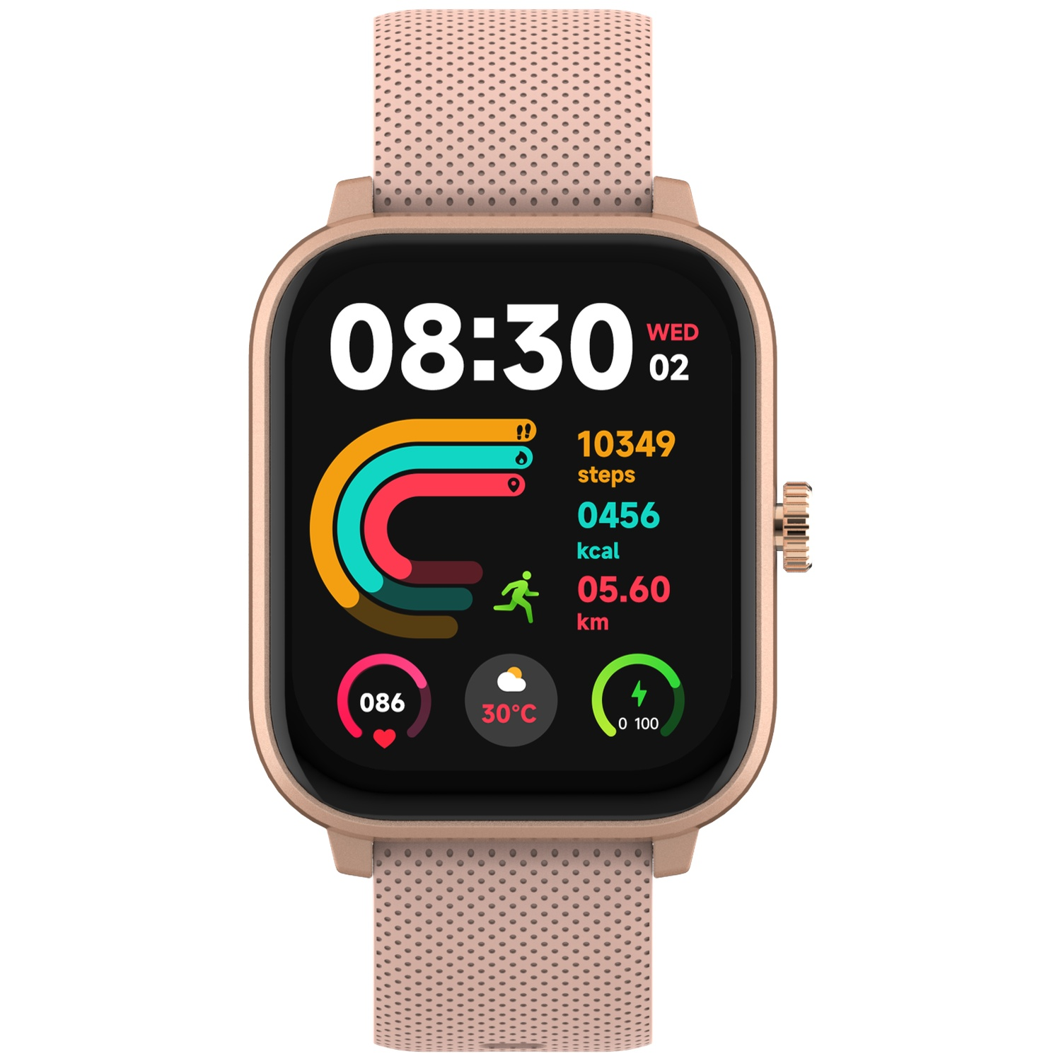Montre connectée or rose avec bracelet perforé et écran affichant l'heure, les pas et les calories.