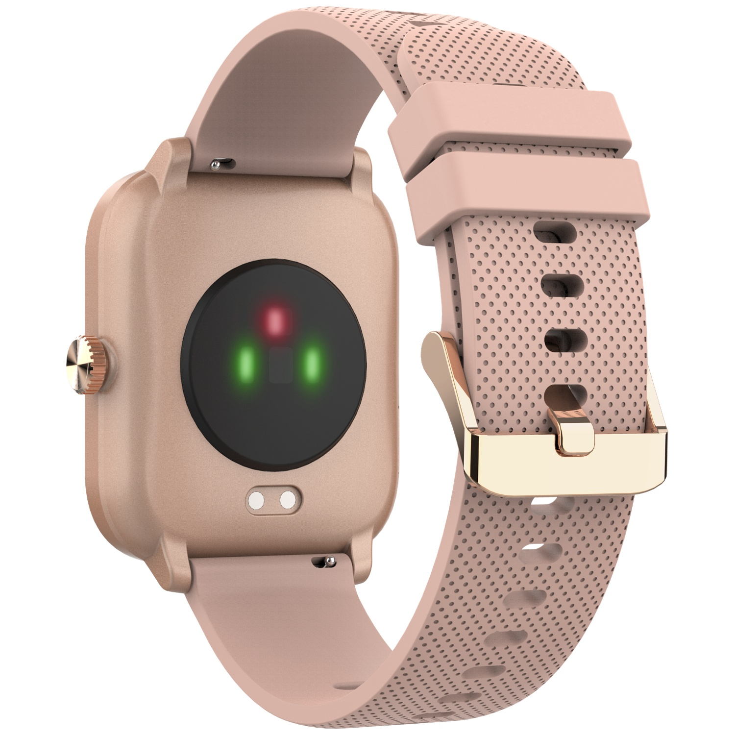 Arrière d'une montre connectée en or rose avec des voyants capteurs et un bracelet en silicone perforé sur fond blanc.
