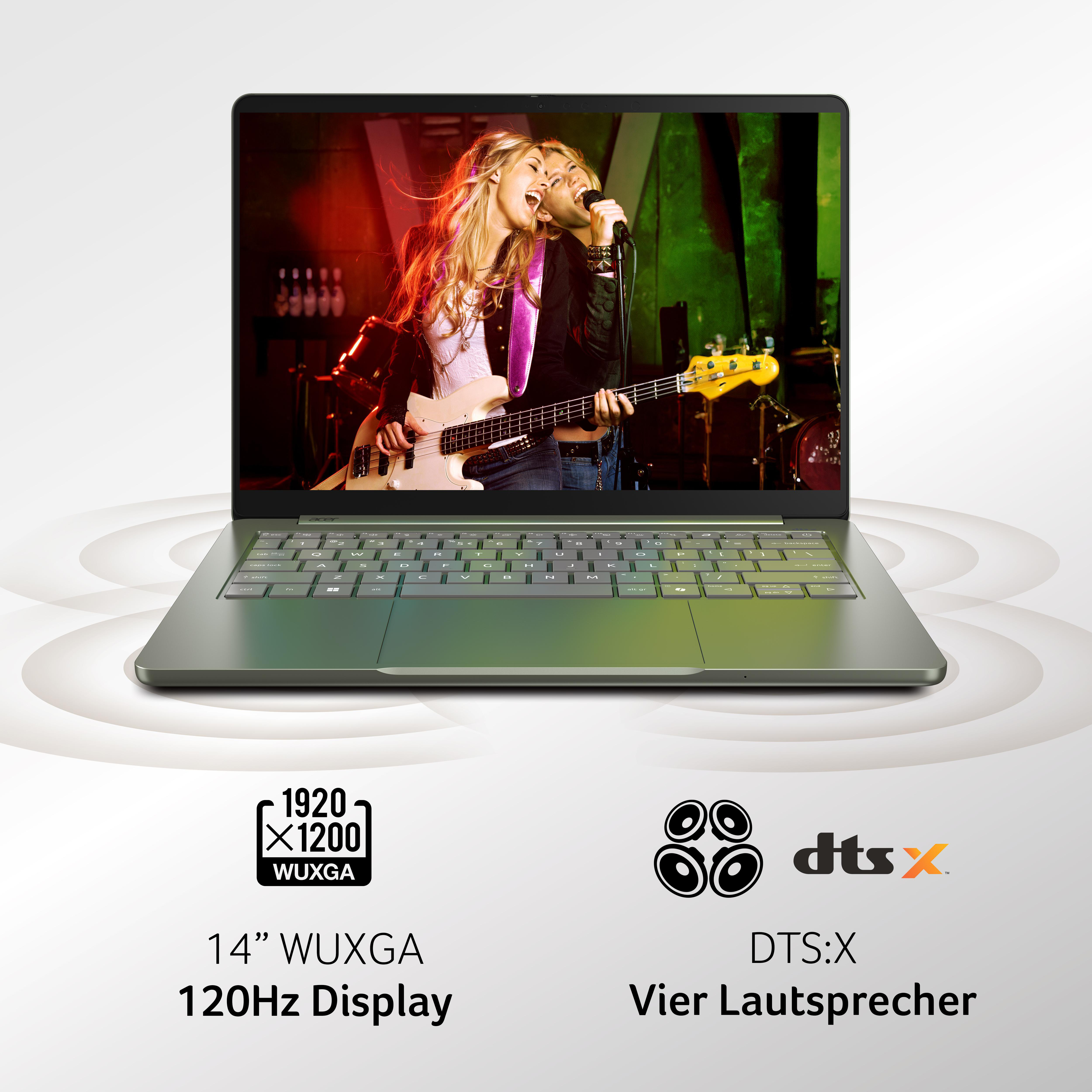 Ein grüner Laptop mit zwei Frauen, die live singen und Bass spielen auf dem Bildschirm; Symbole für Display und Audio.