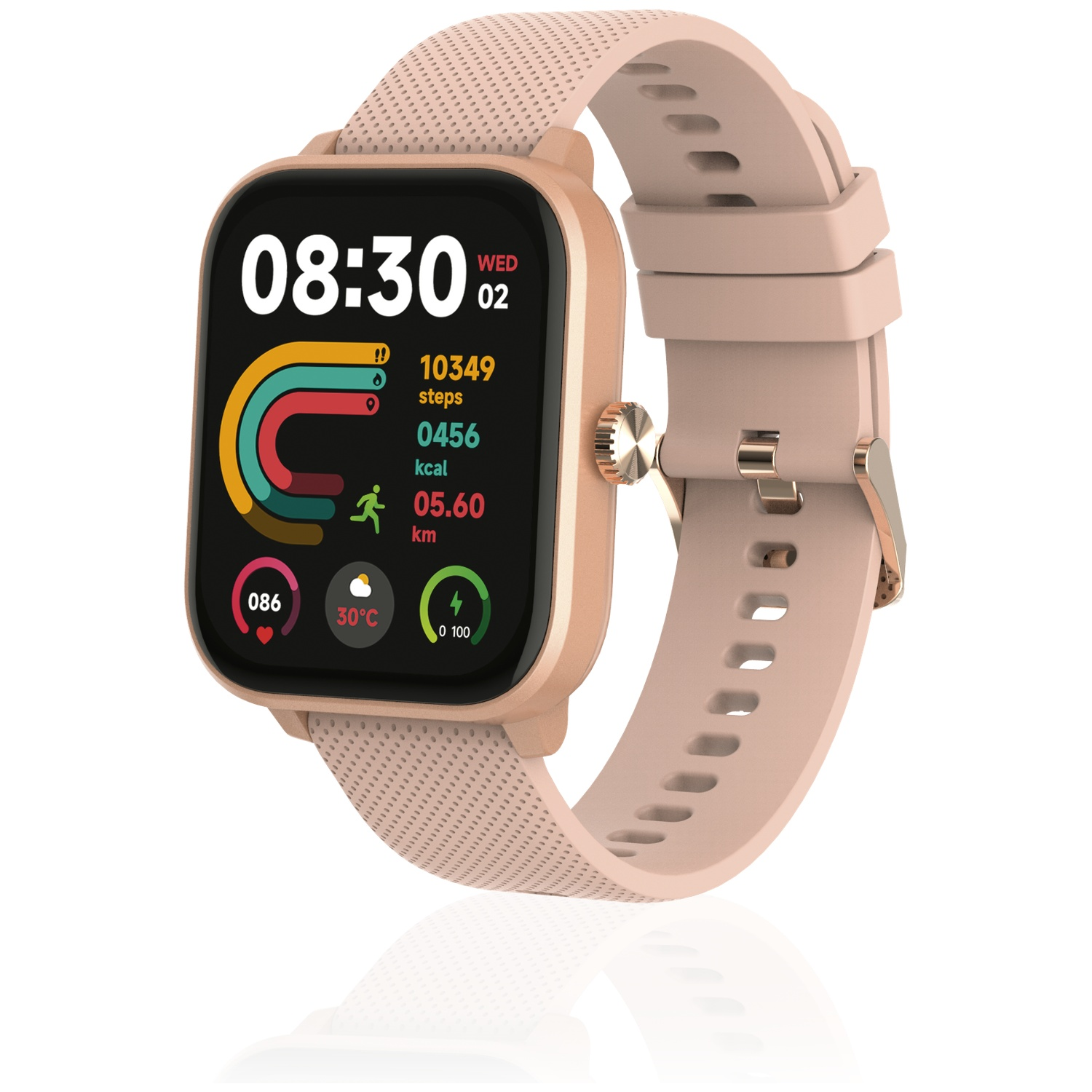 Une montre connectée or rose avec écran numérique sur fond blanc.