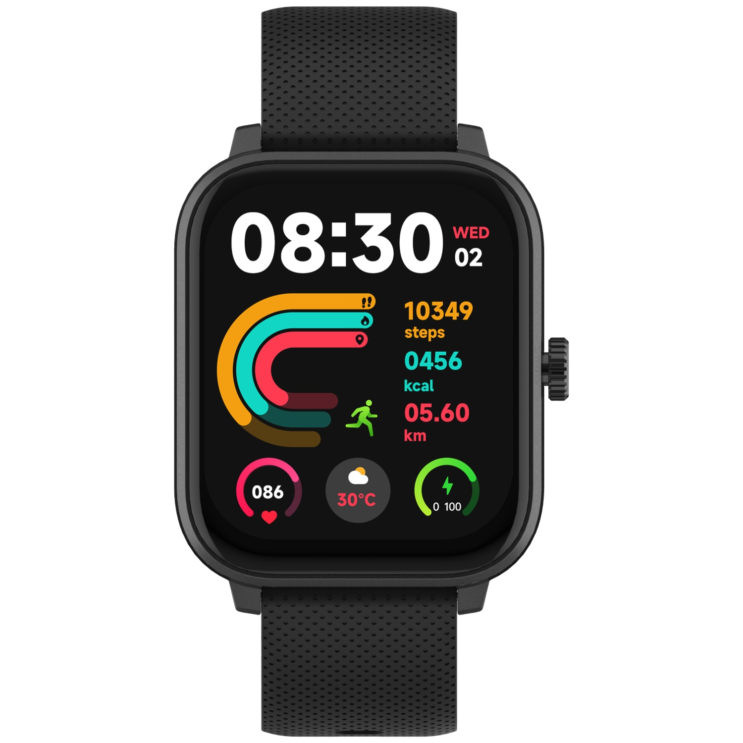 Montre connectée noire avec écran numérique affichant l'heure, les pas, les calories et la météo.