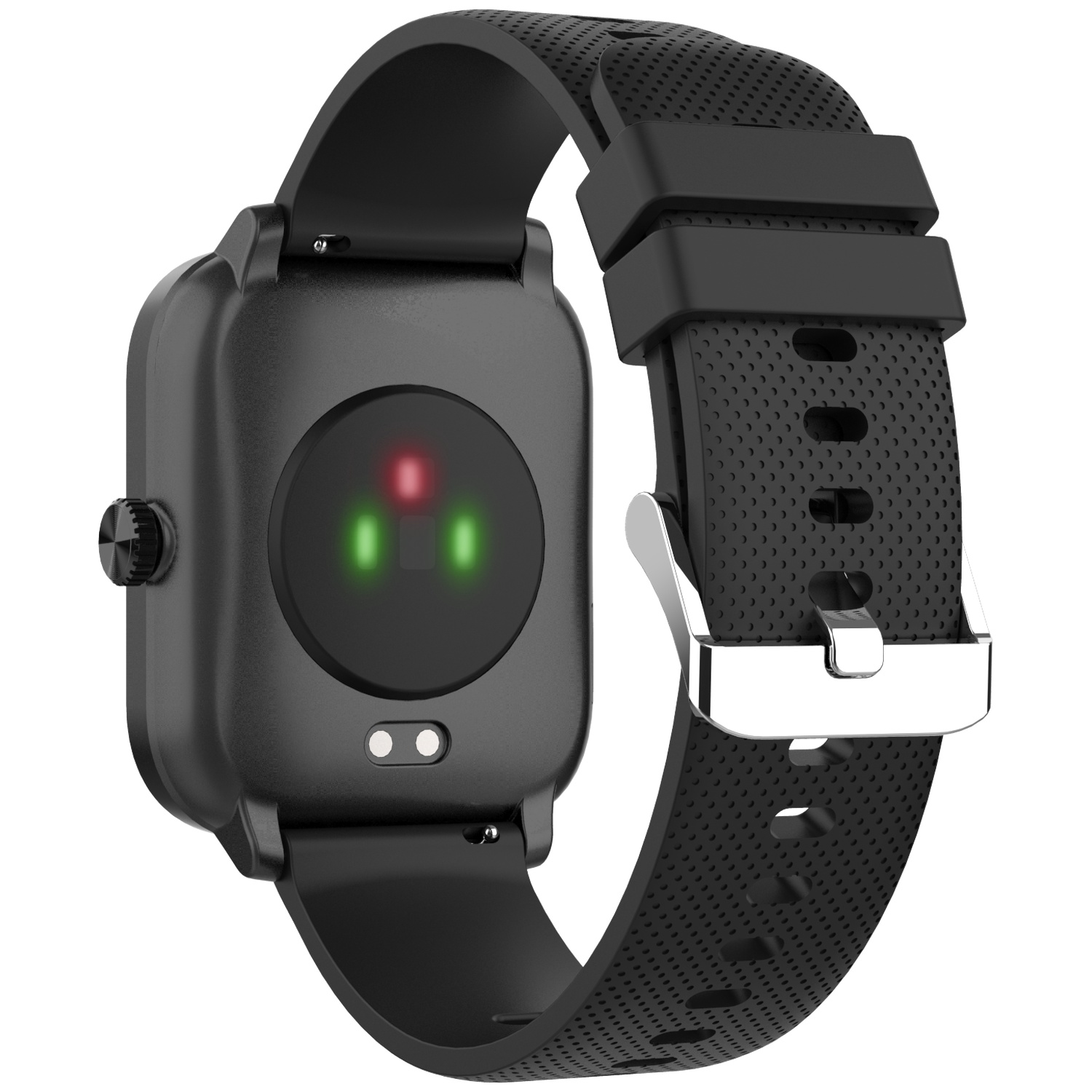 Dos d'une montre connectée noire avec des capteurs et un bracelet perforé.
