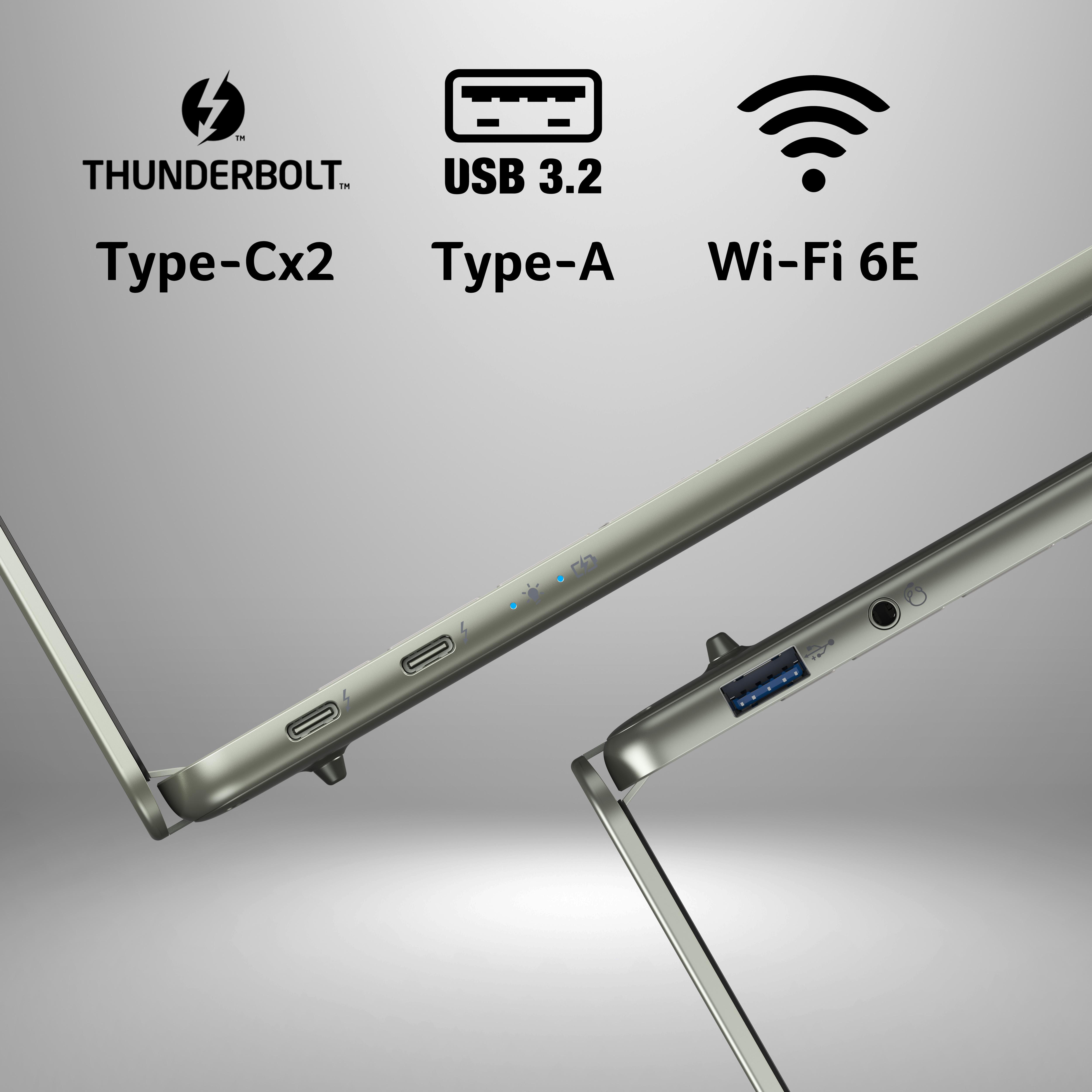 Laptop-Anschlüsse: zwei Thunderbolt Type-C, ein USB 3.2 Type-A und Wi-Fi 6E Symbole.
