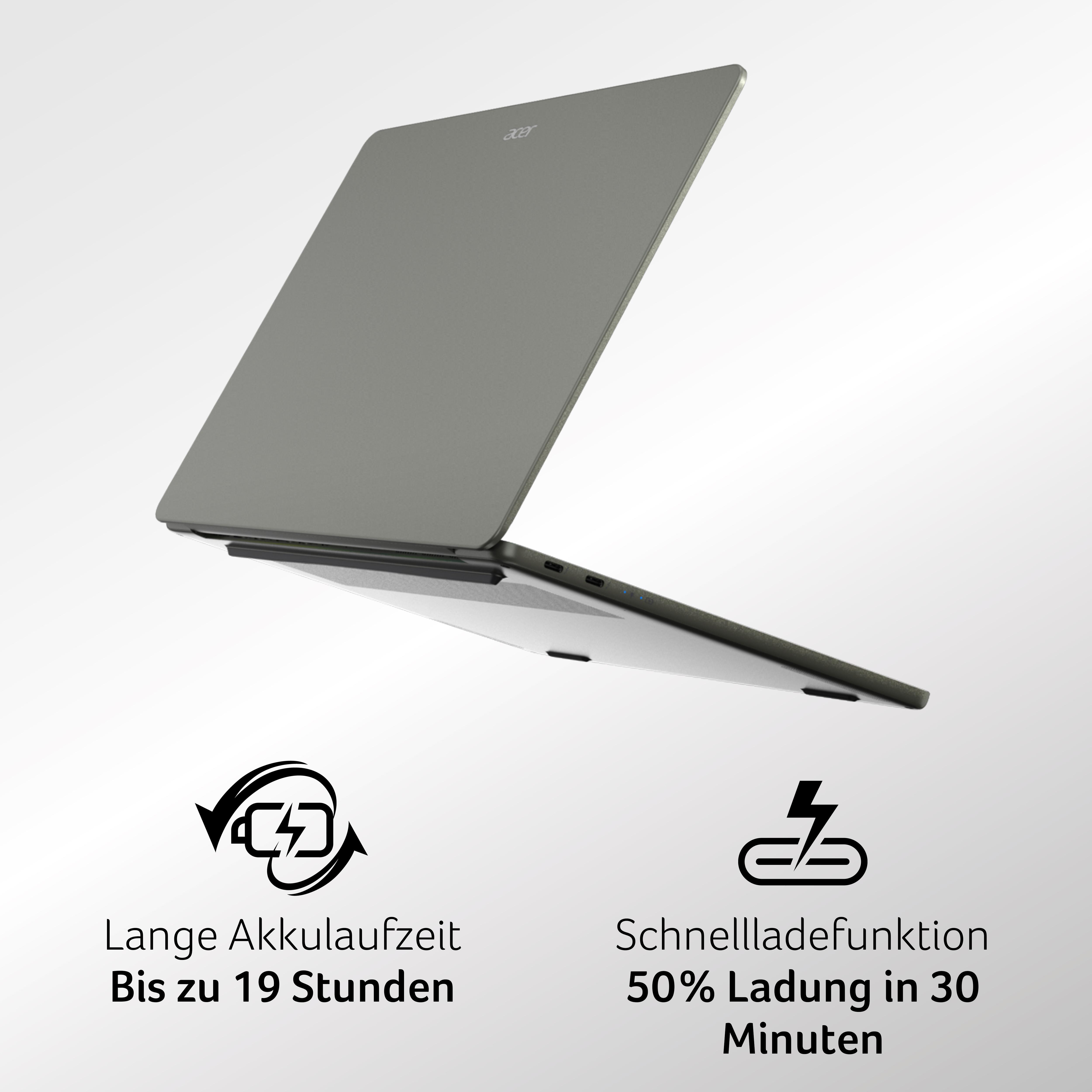 Grauer Acer-Laptop auf weißem Hintergrund mit Akku- und Lade-Infos.