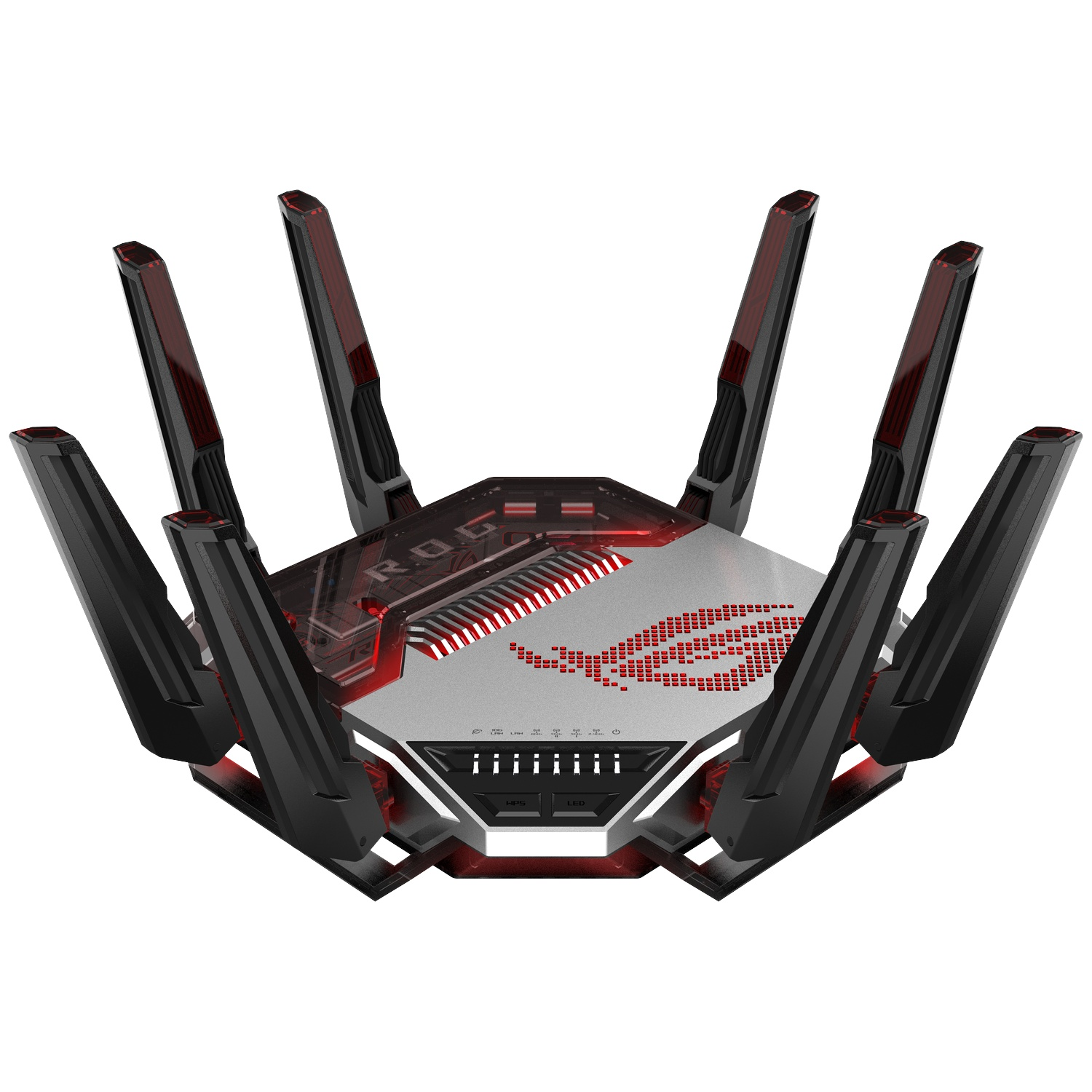 A black and silver ROG Wi-Fi router with eight antennas and red LED accents against a white background.