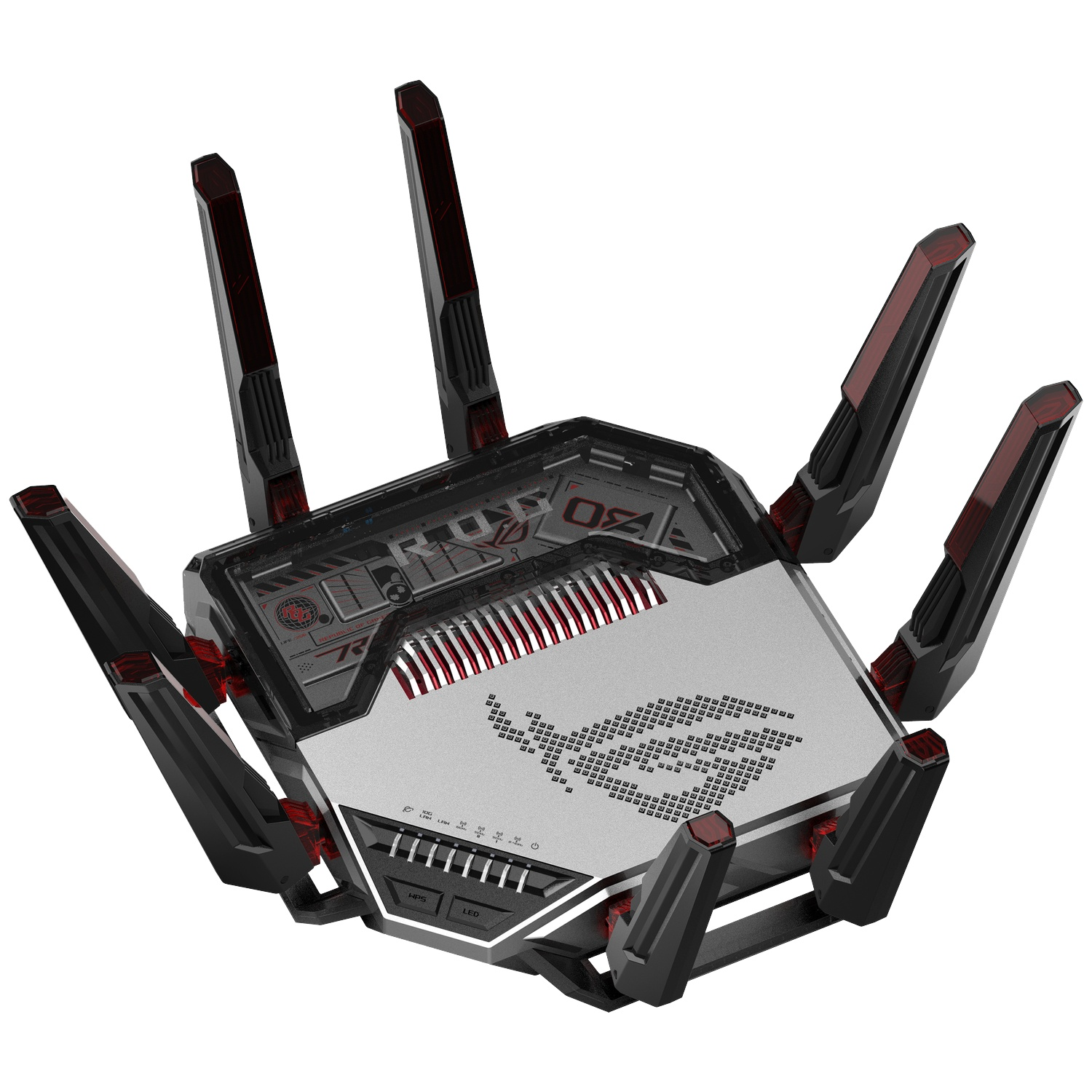 A futuristic black and silver Wi-Fi router with six antennas and red accents on a white background.