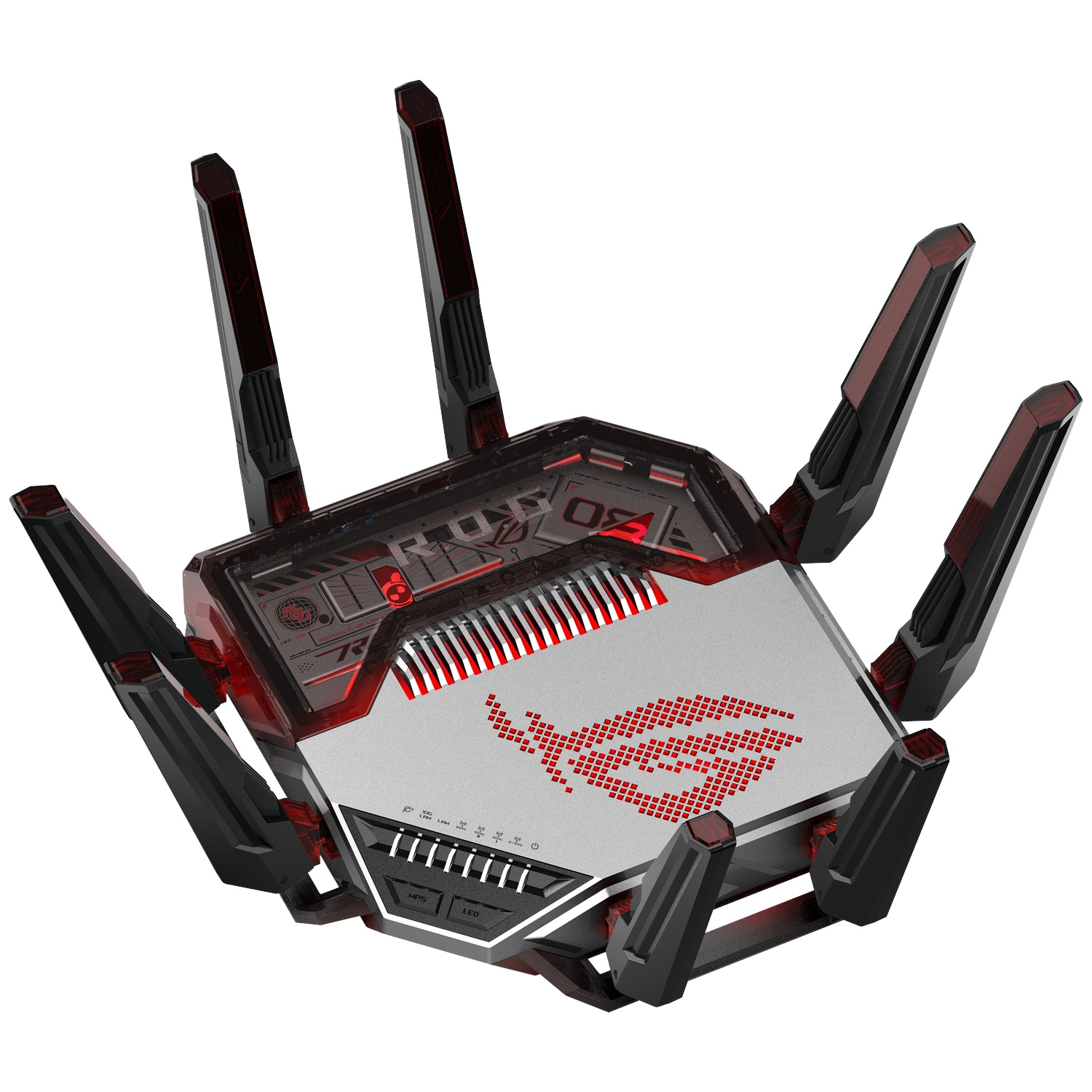 Black and silver gaming router with six antennas and red LED accents against a white background.
