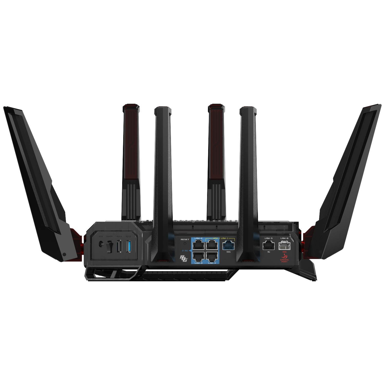 Back view of a black router with six antennas and various ports.