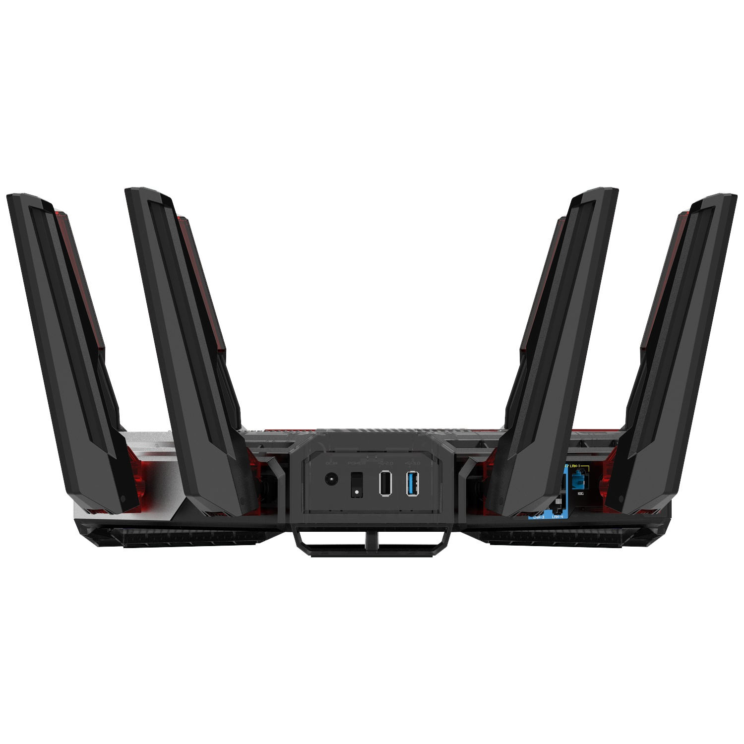 Rear view of a black gaming router with four tall antennas and multiple port connections.