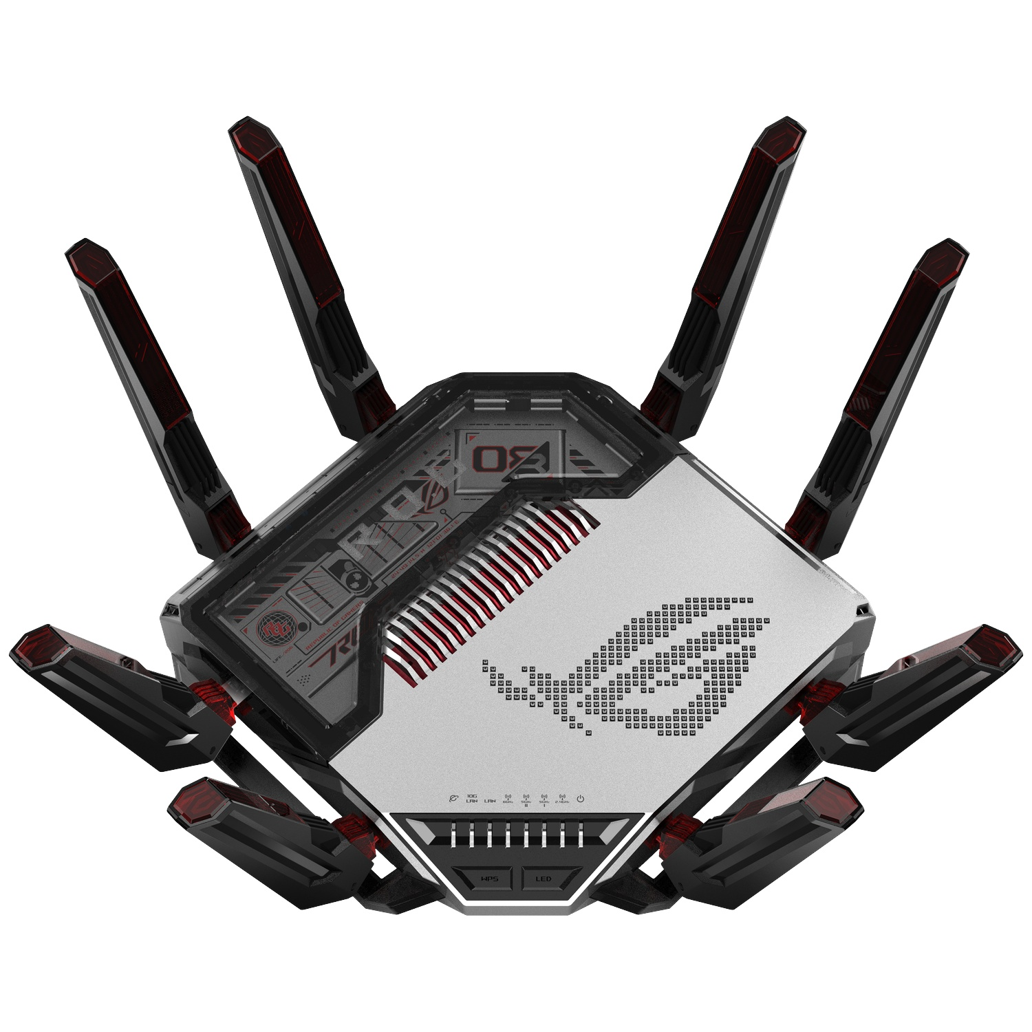 A futuristic black and silver Wi-Fi router with eight antennas and red details against a white background.