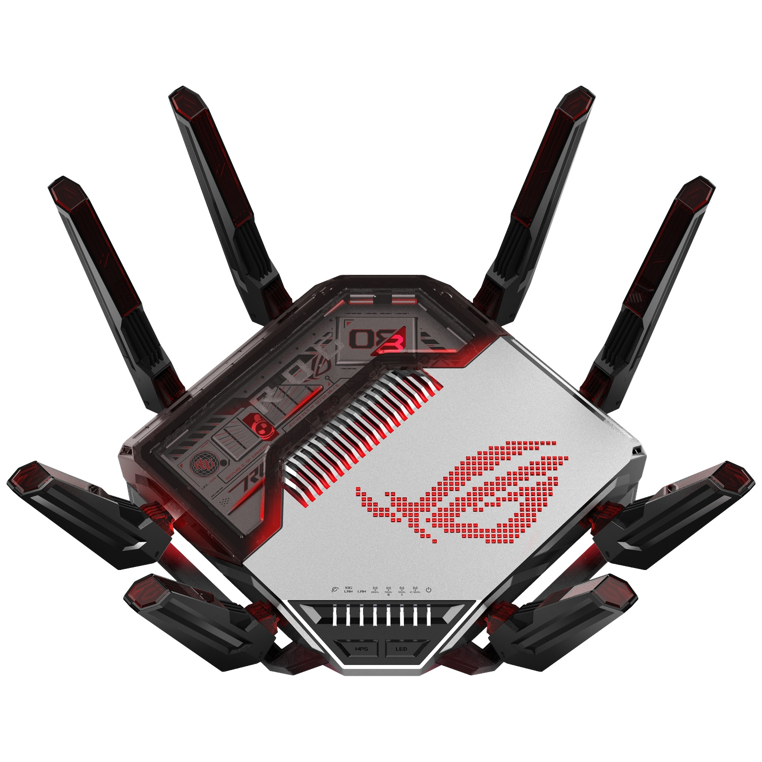 A futuristic gaming router with eight black and red antennas and red glowing lights on a white background.