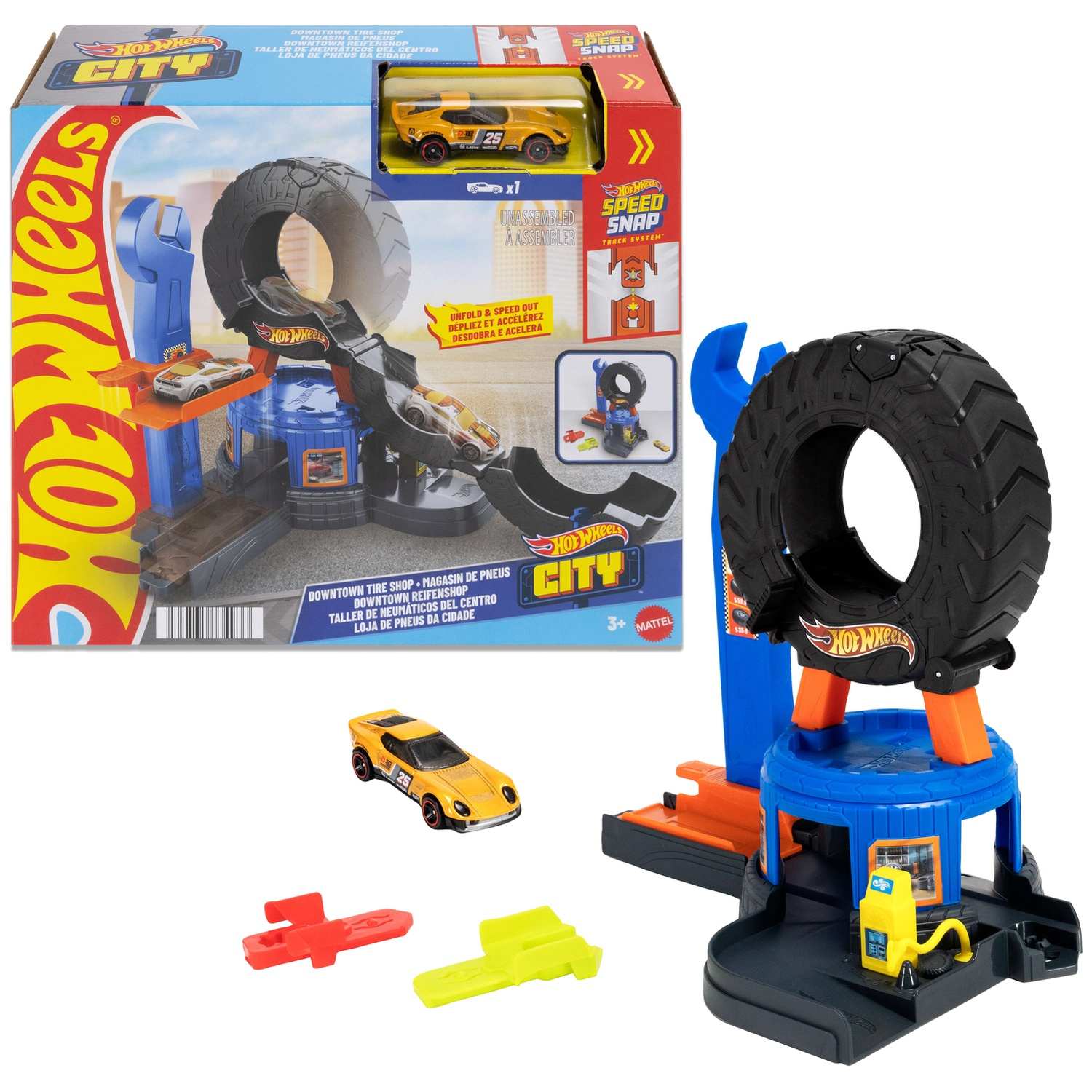 Hot Wheels City tire shop playset with blue tower, large tire, yellow toy car, and accessories.