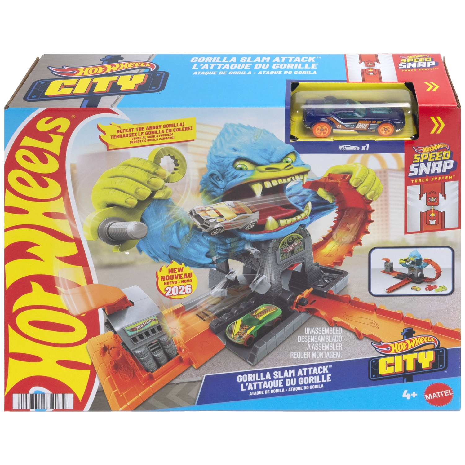 Hot Wheels City Gorilla Slam Attack playset box featuring a blue gorilla, racing track, and a blue toy car.
