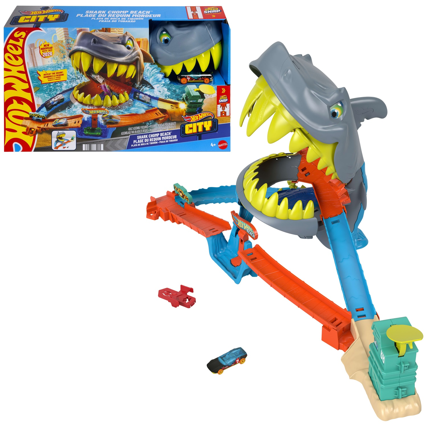 Hot Wheels City Shark Chomp Beach playset with blue-orange tracks, shark head, toy car, and product packaging.