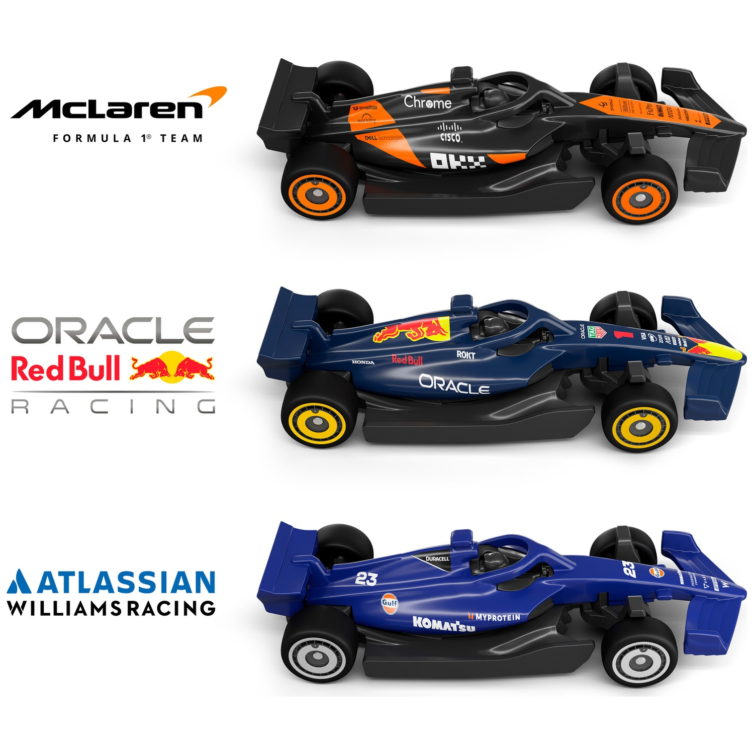Three F1 model cars from McLaren, Red Bull Racing, and Williams Racing with logos on a white background.