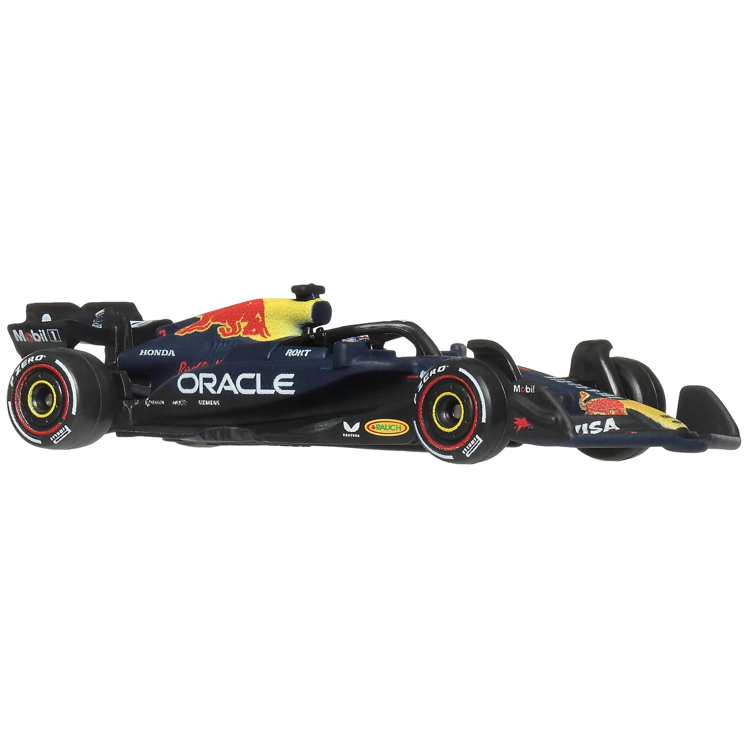 Model car of a dark Formula 1 racing car with Oracle sponsor logos on a white background.