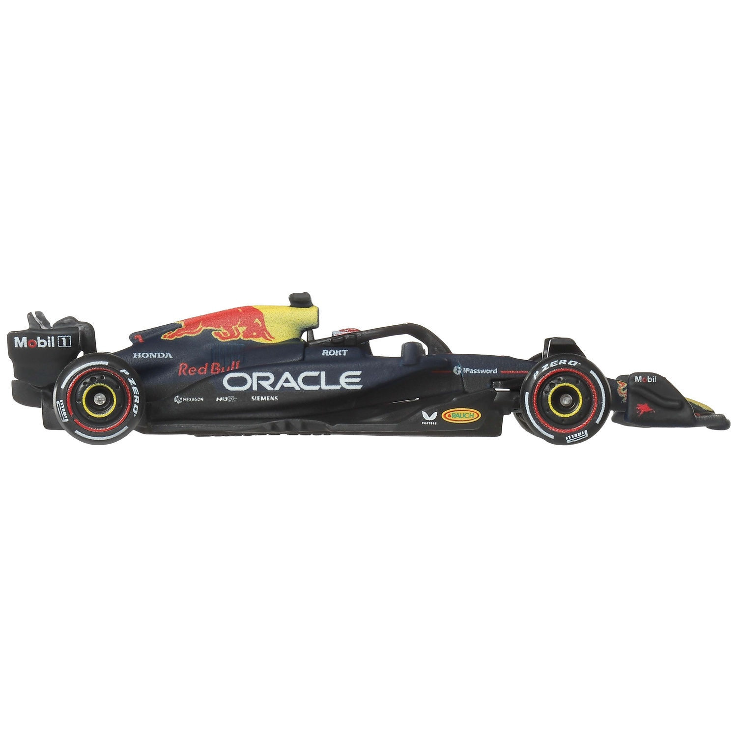Model of a dark blue Formula 1 racing car with Red Bull and Oracle sponsor logos on a white background.