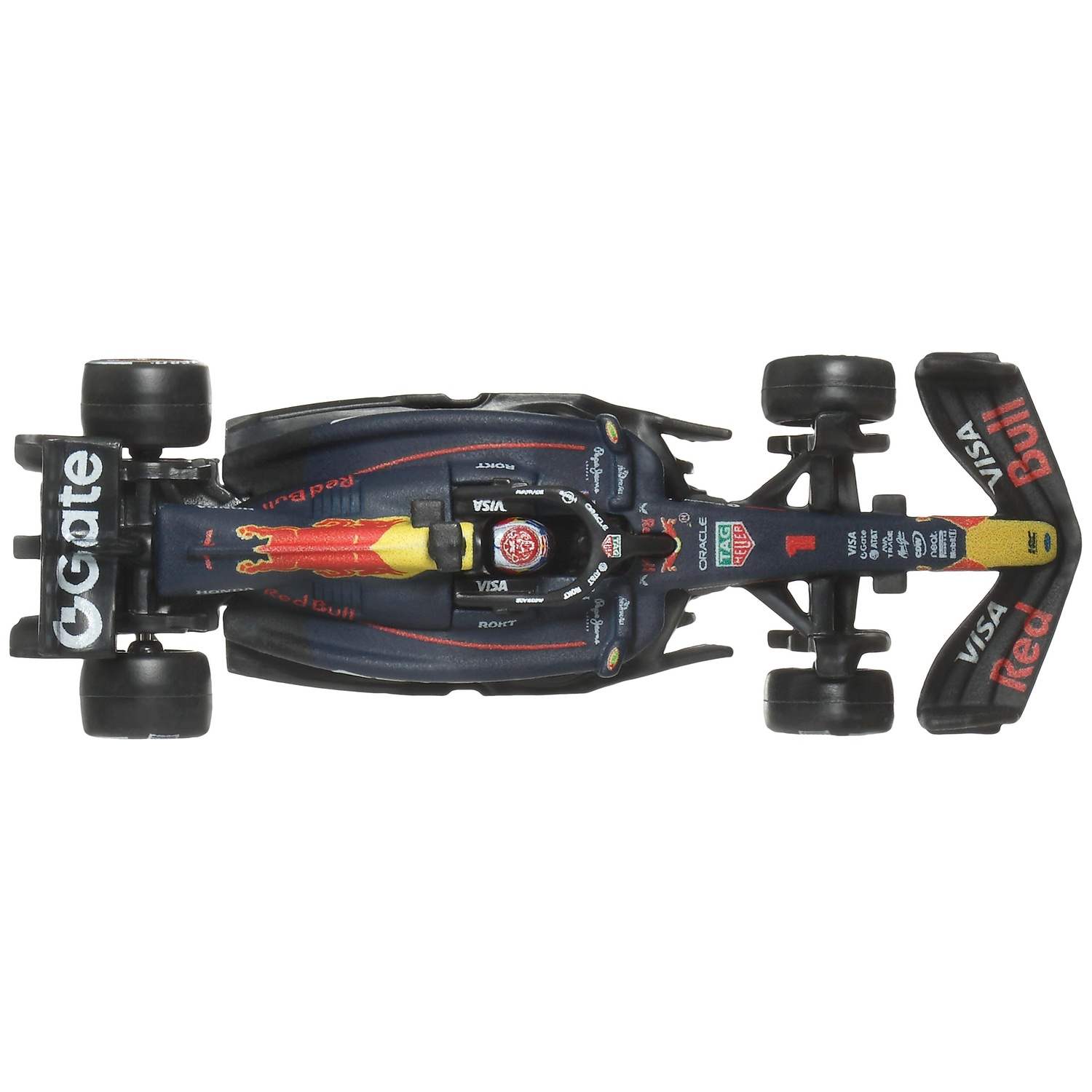 Top view of a blue Red Bull Formula 1 model car with logos on a white background.