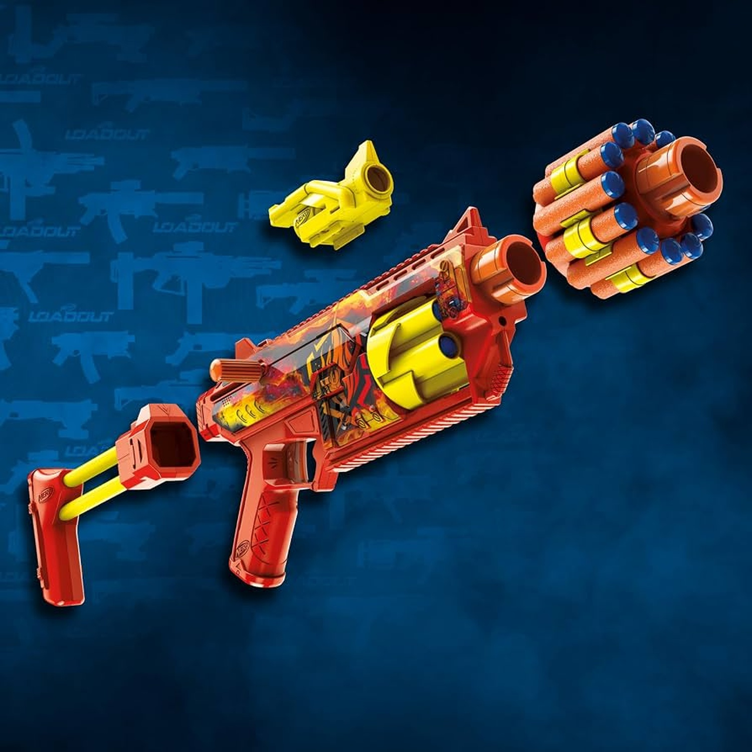 A red and yellow Nerf toy blaster floating against a blue background with detached parts and a large ammo drum.